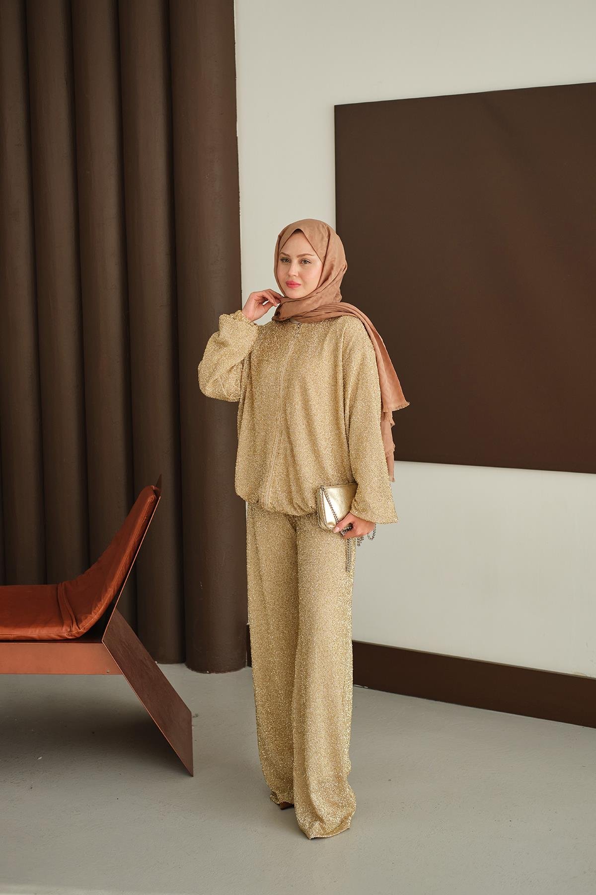 Küçük Boncuk Detaylı İkili Takım Sarı