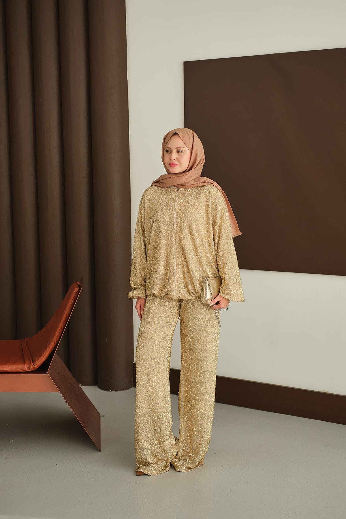 Küçük Boncuk Detaylı İkili Takım Sarı