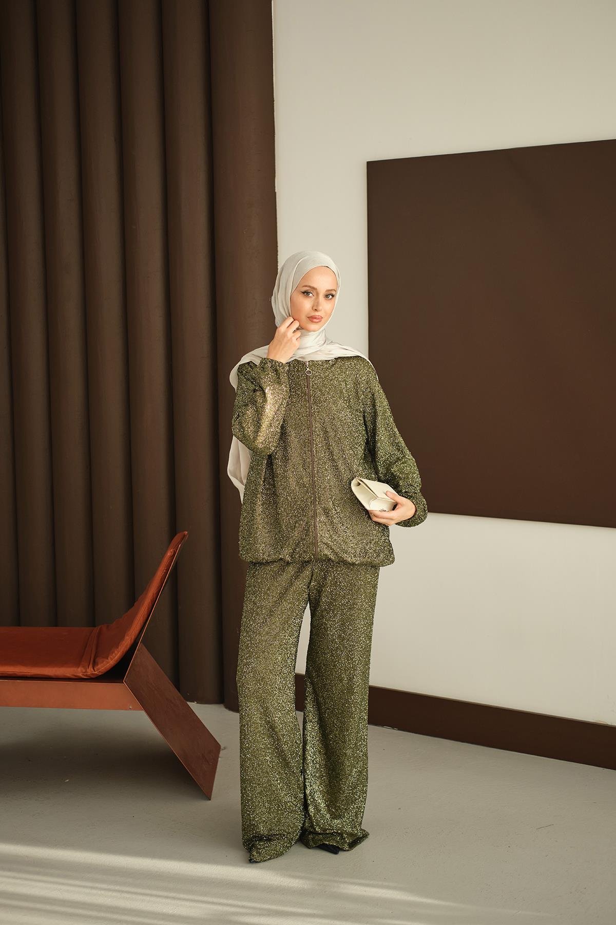 Küçük Boncuk Detaylı İkili Takım Yeşil