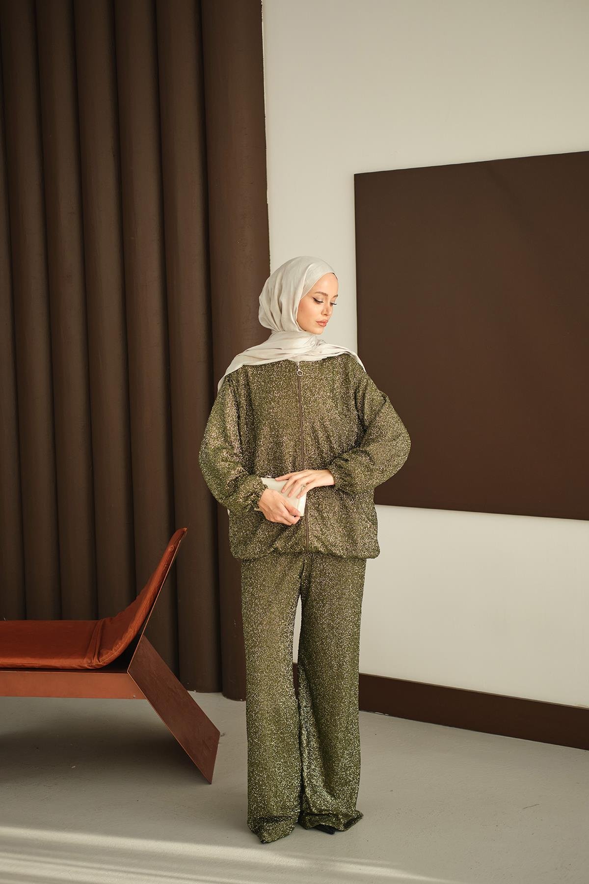 Küçük Boncuk Detaylı İkili Takım Yeşil