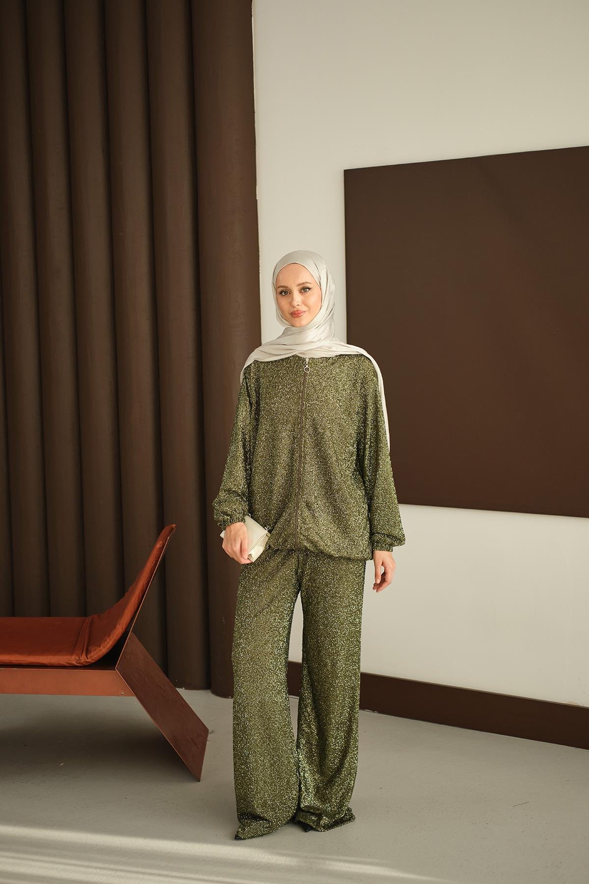 Küçük Boncuk Detaylı İkili Takım Yeşil