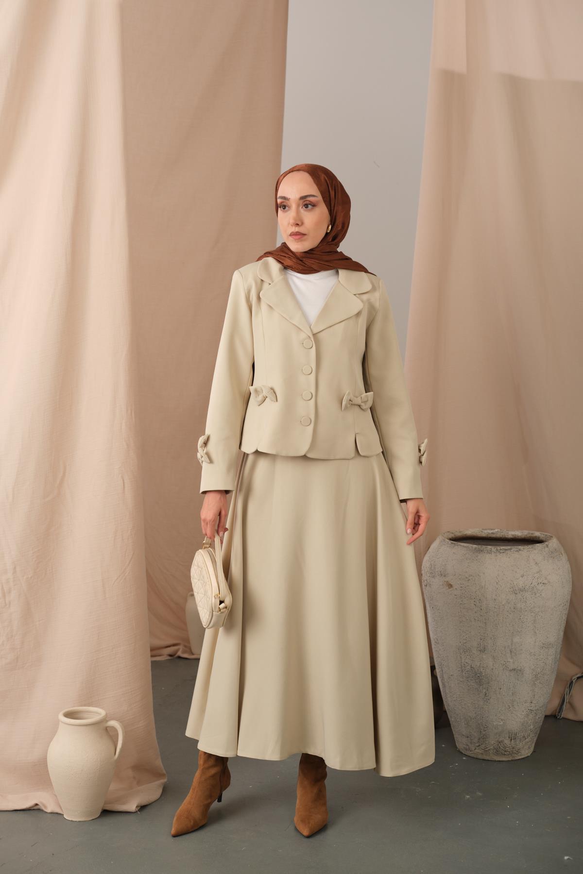 Kurdele Detaylı Takım Krem