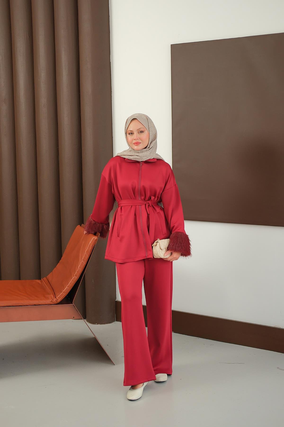 Kürk Detay Bel Bağlamalı Takım Bordo