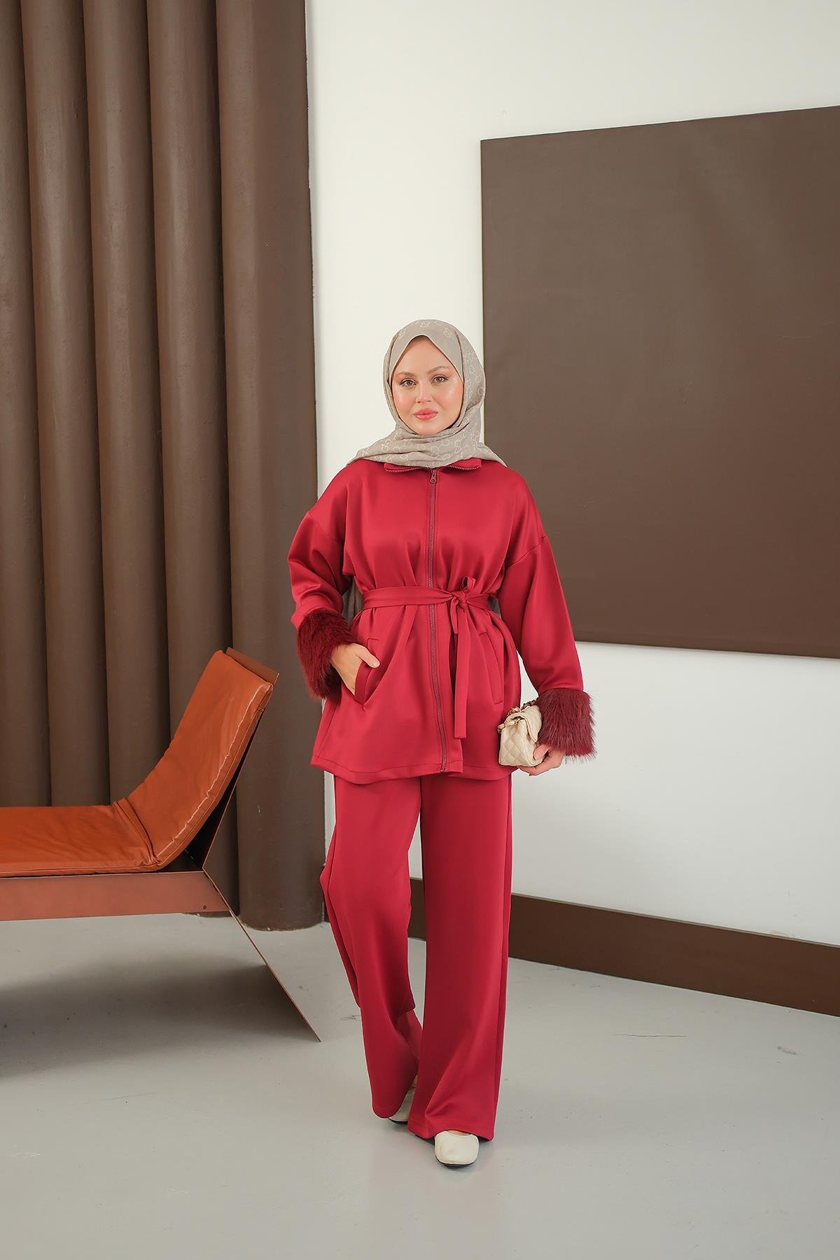 Kürk Detay Bel Bağlamalı Takım Bordo