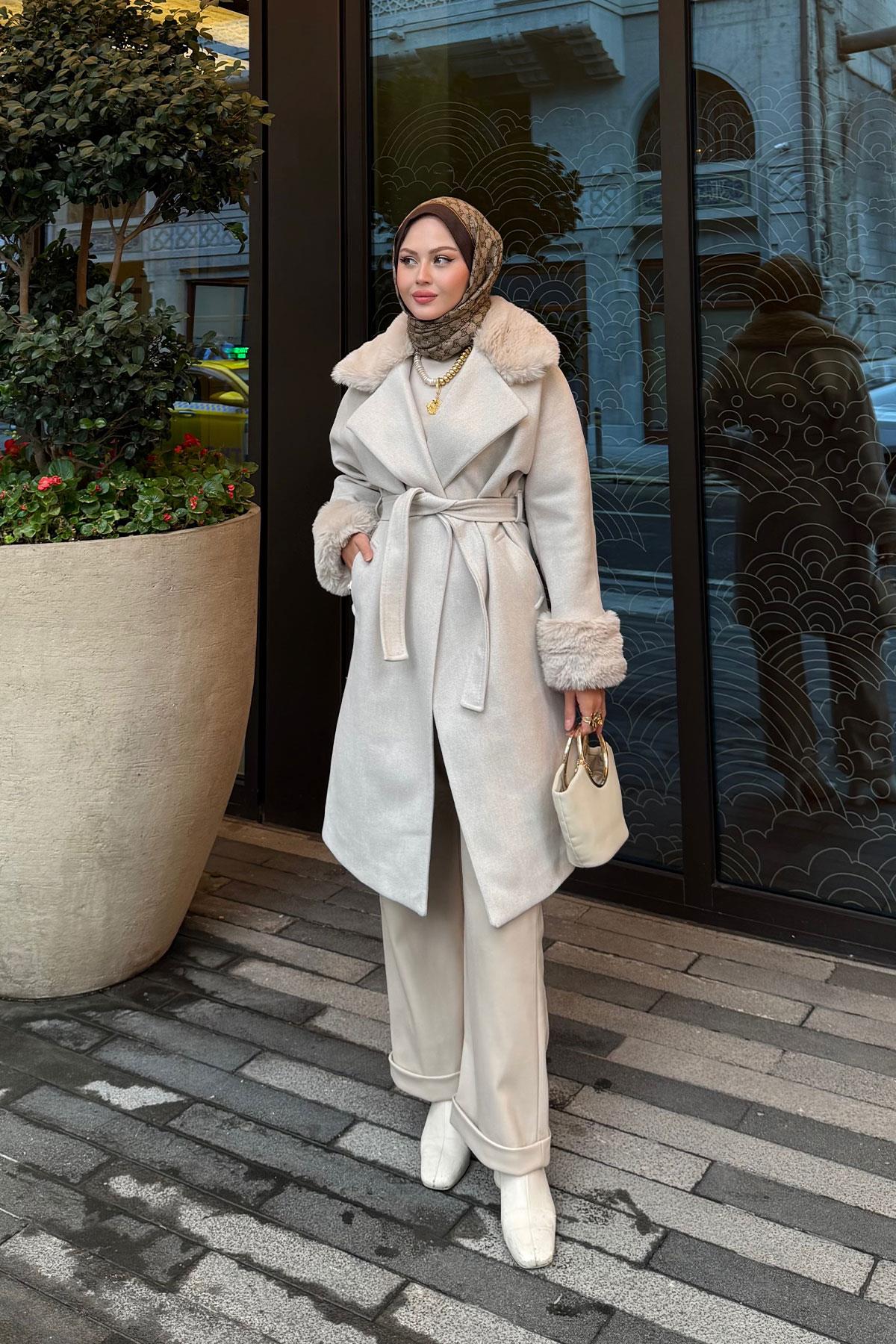 Kürk Detay Kaban Krem