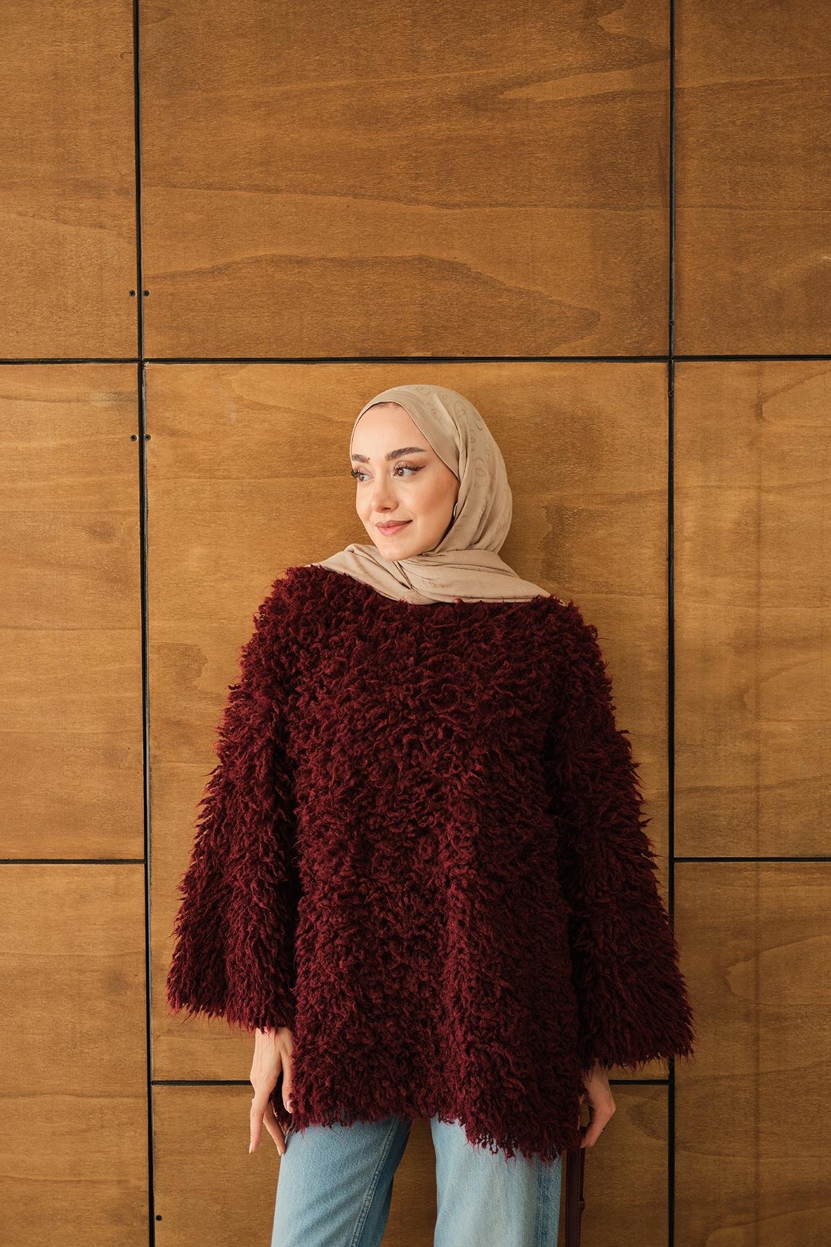 Kürk Detay Kazak Bordo