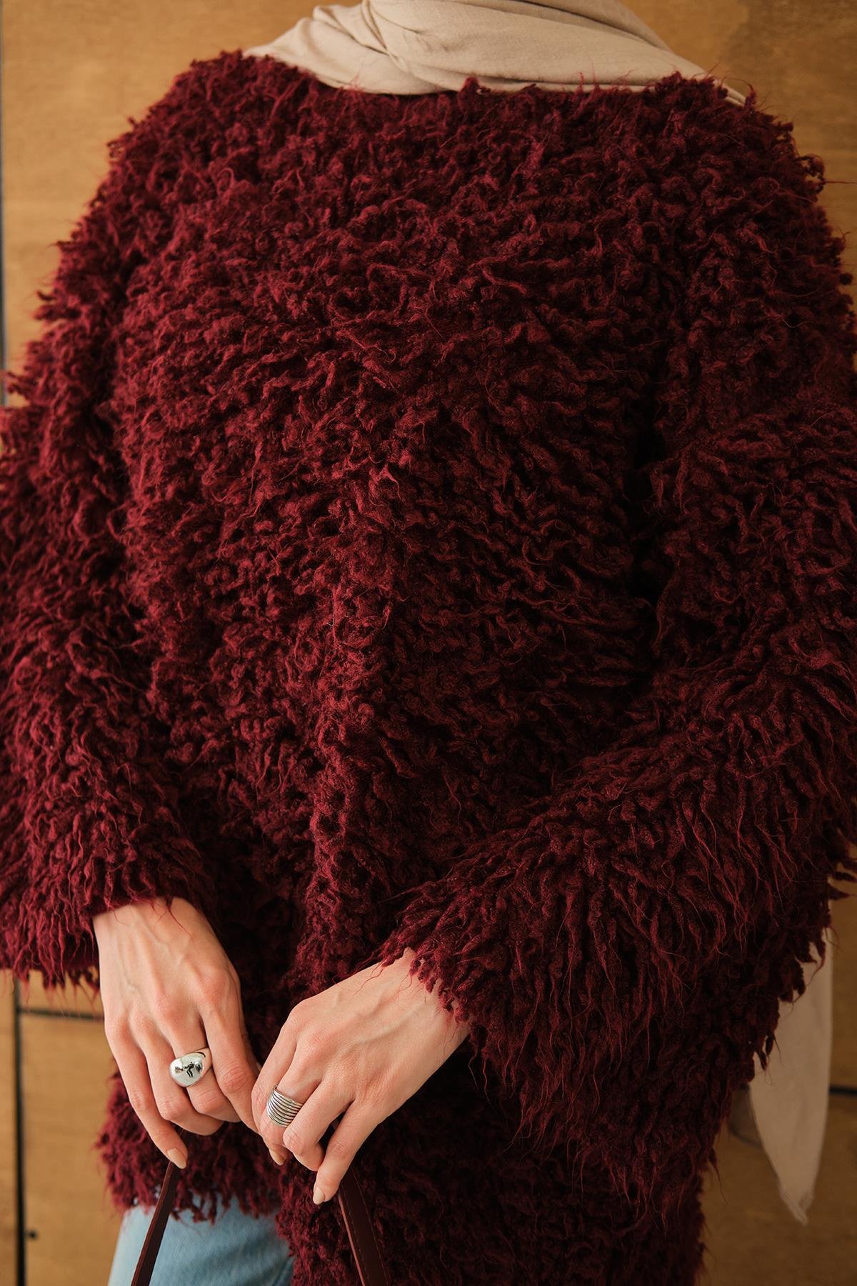 Kürk Detay Kazak Bordo