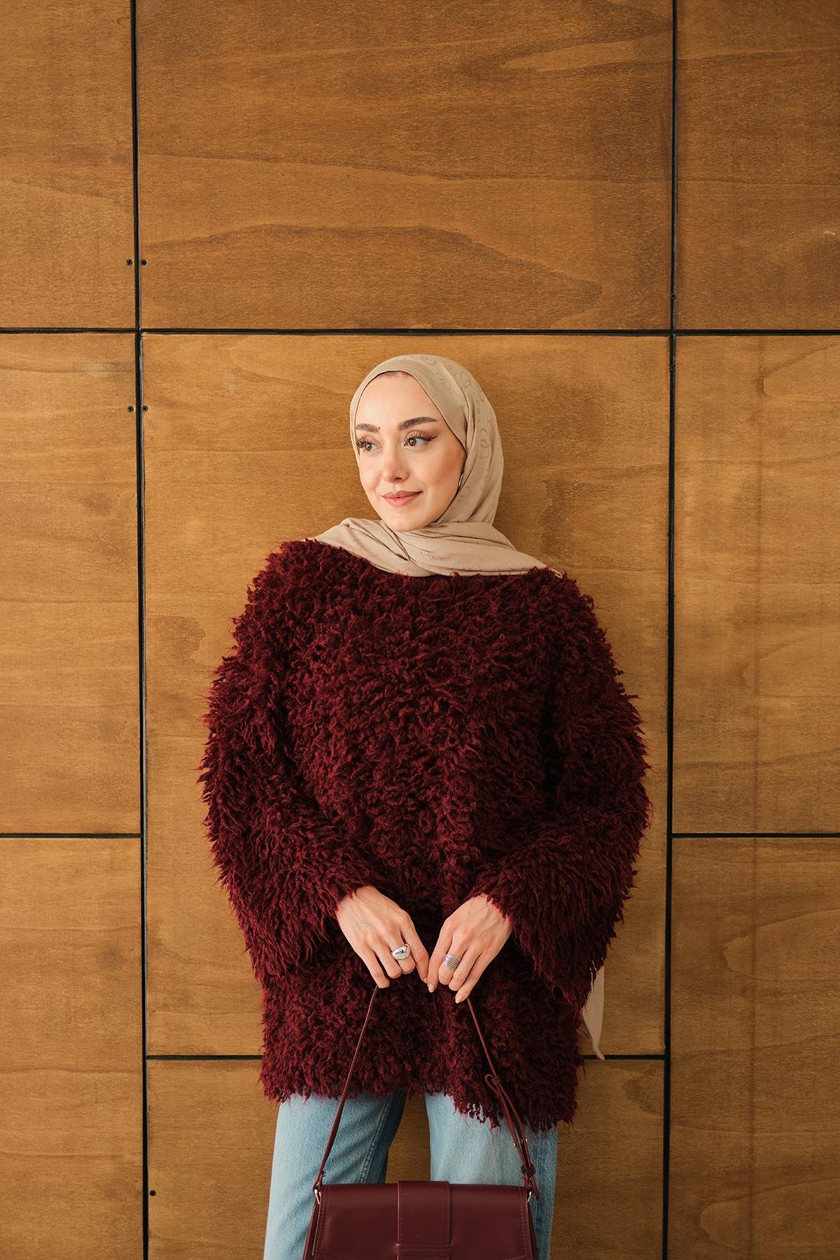 Kürk Detay Kazak Bordo