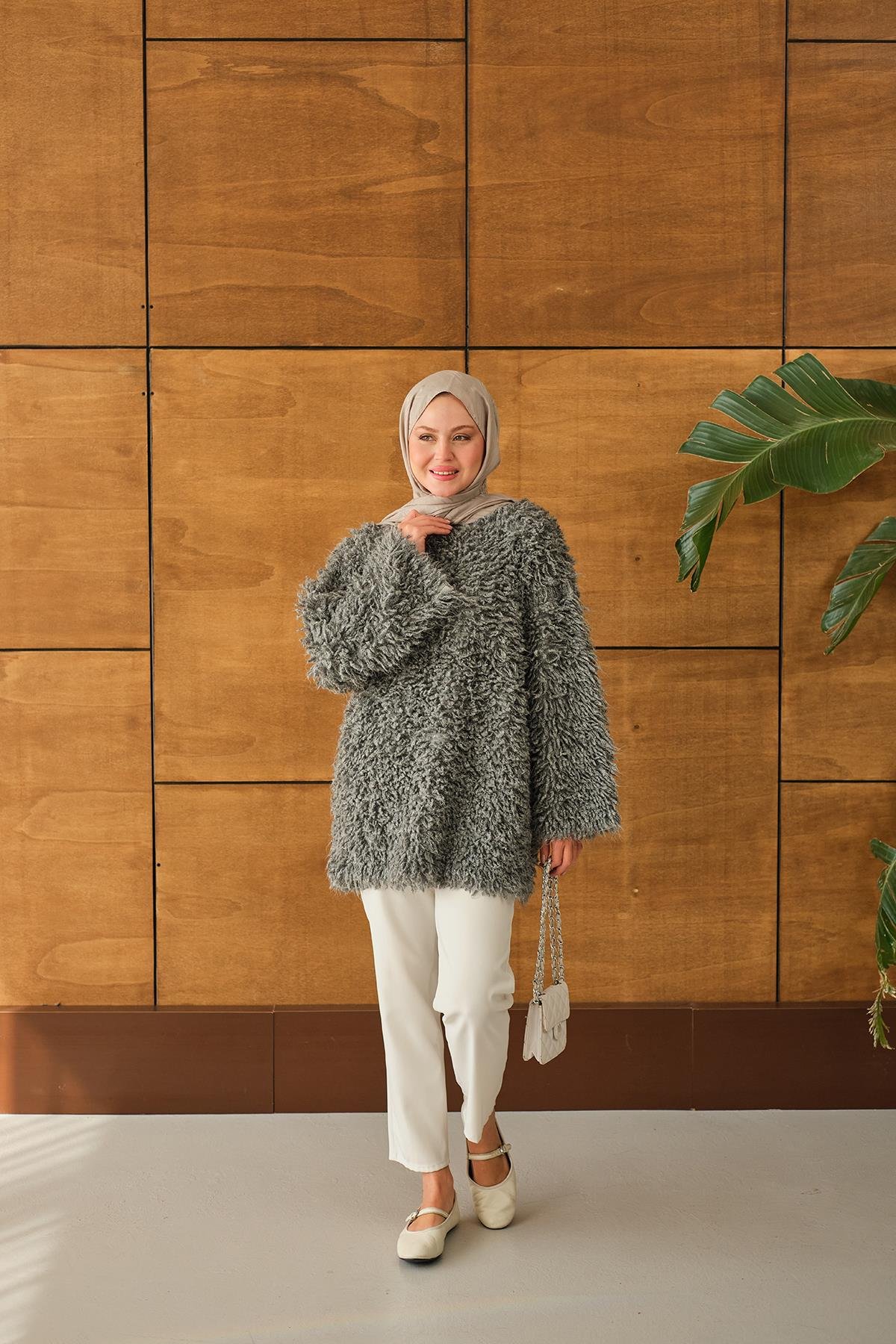 Kürk Detay Kazak Gri