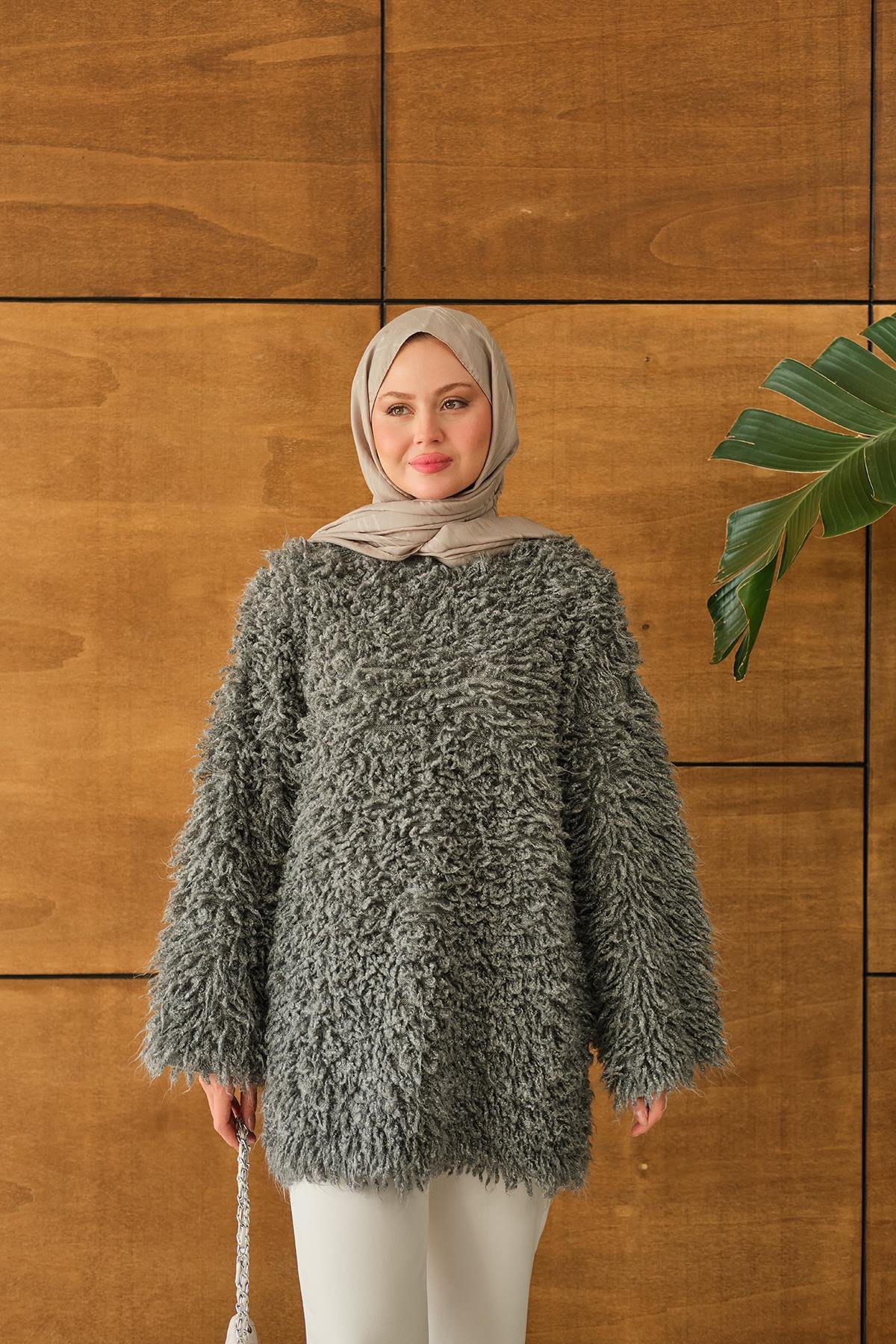 Kürk Detay Kazak Gri