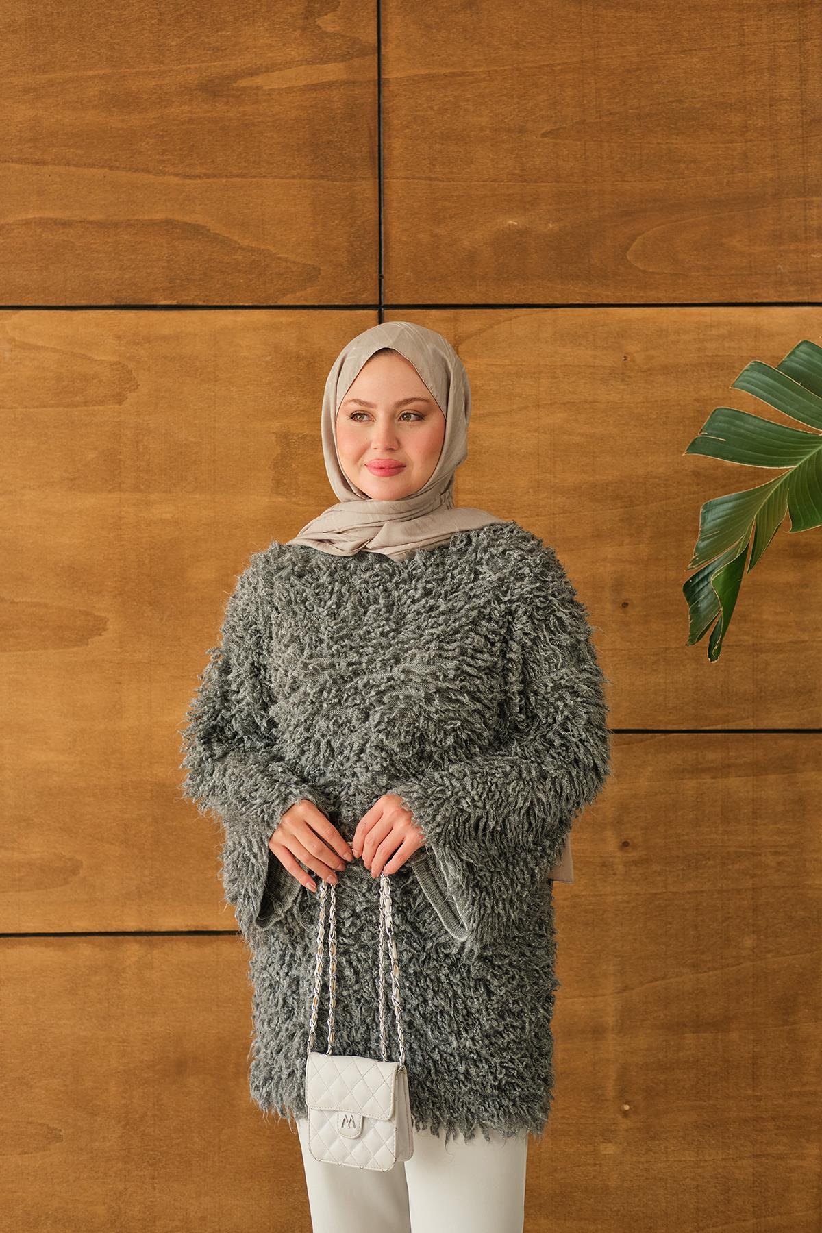 Kürk Detay Kazak Gri