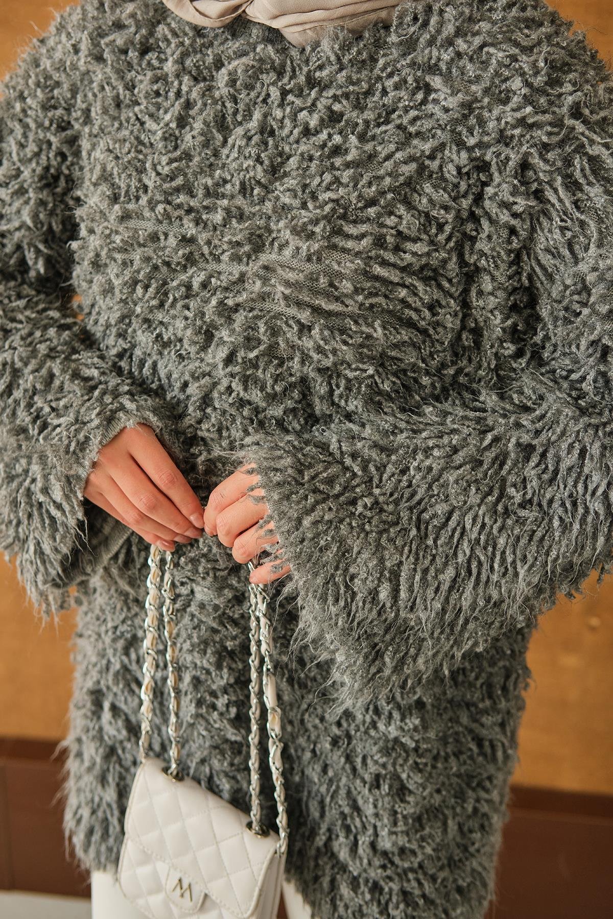 Kürk Detay Kazak Gri