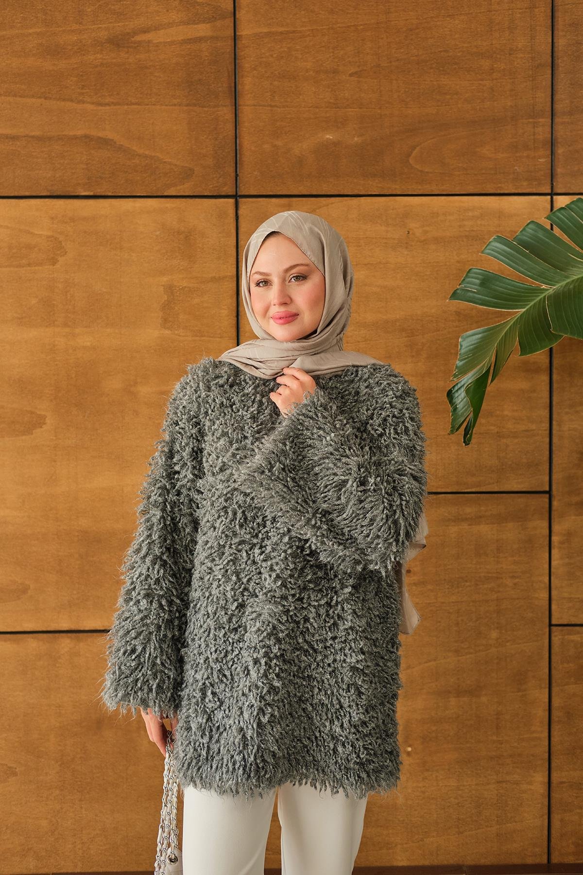 Kürk Detay Kazak Gri