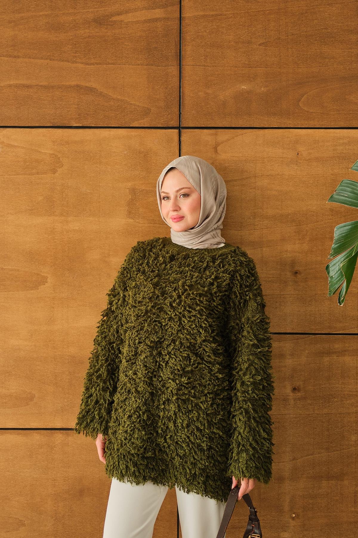 Kürk Detay Kazak Haki Yeşil