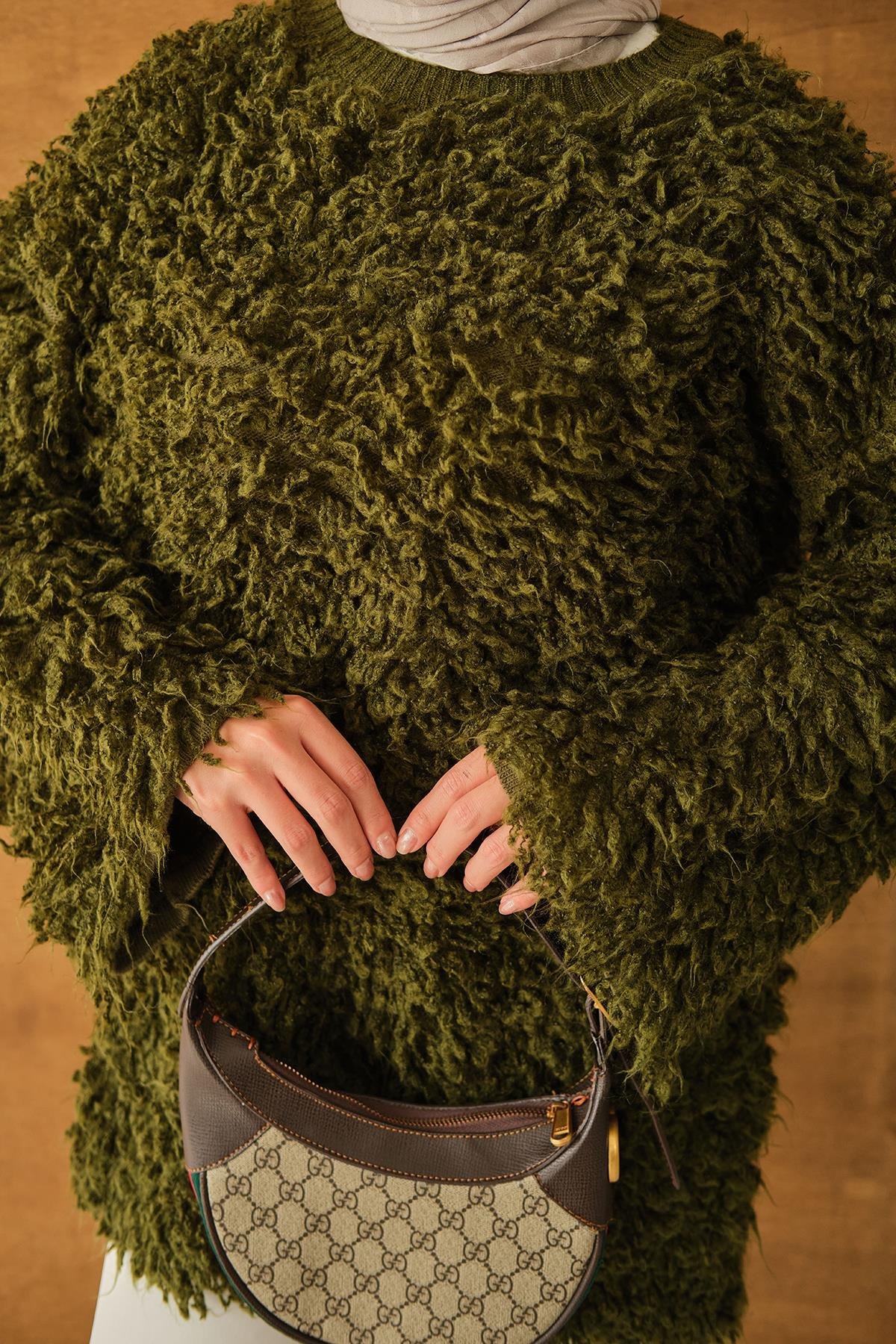 Kürk Detay Kazak Haki Yeşil