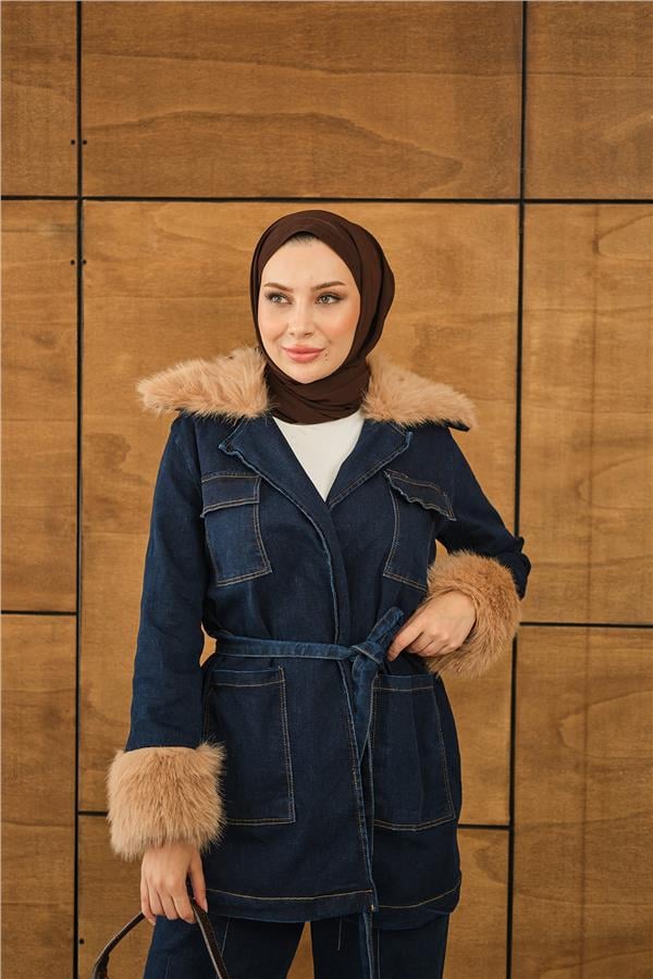 Kürk Detay Kot Takım Lacivert