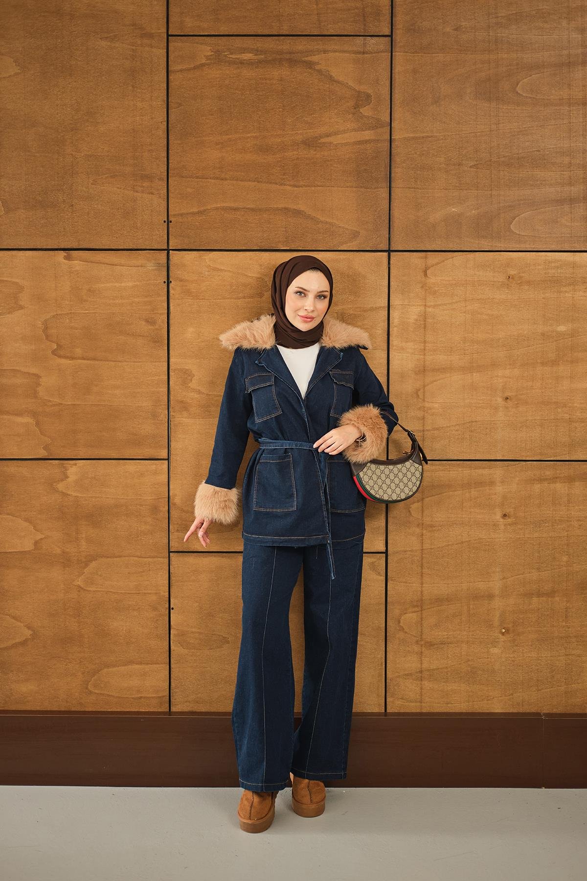Kürk Detay Kot Takım Lacivert