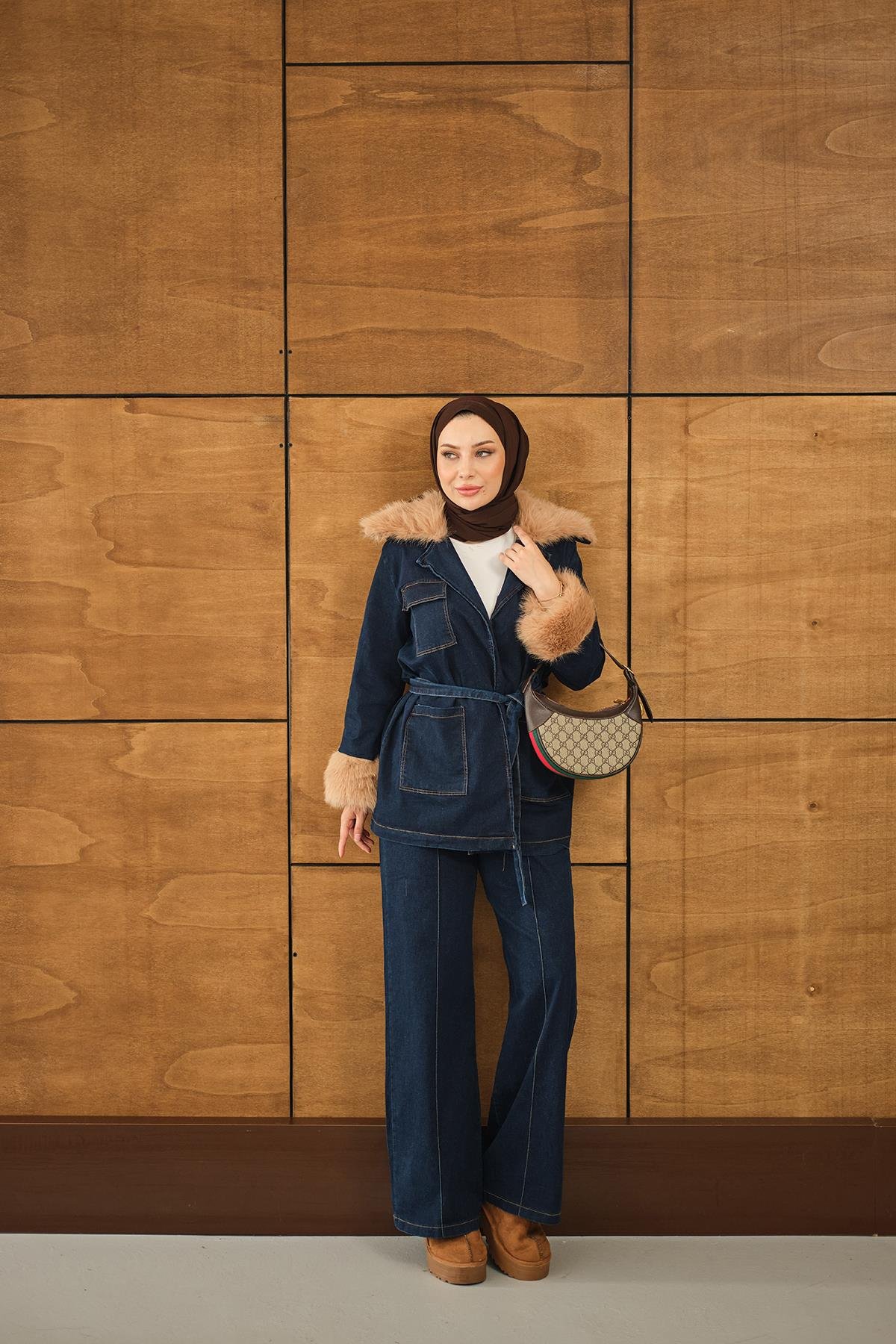 Kürk Detay Kot Takım Lacivert