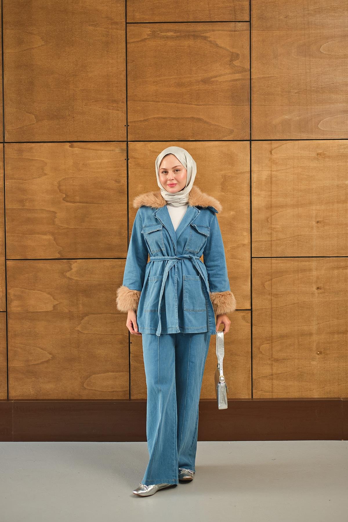 Kürk Detay Kot Takım Mavi