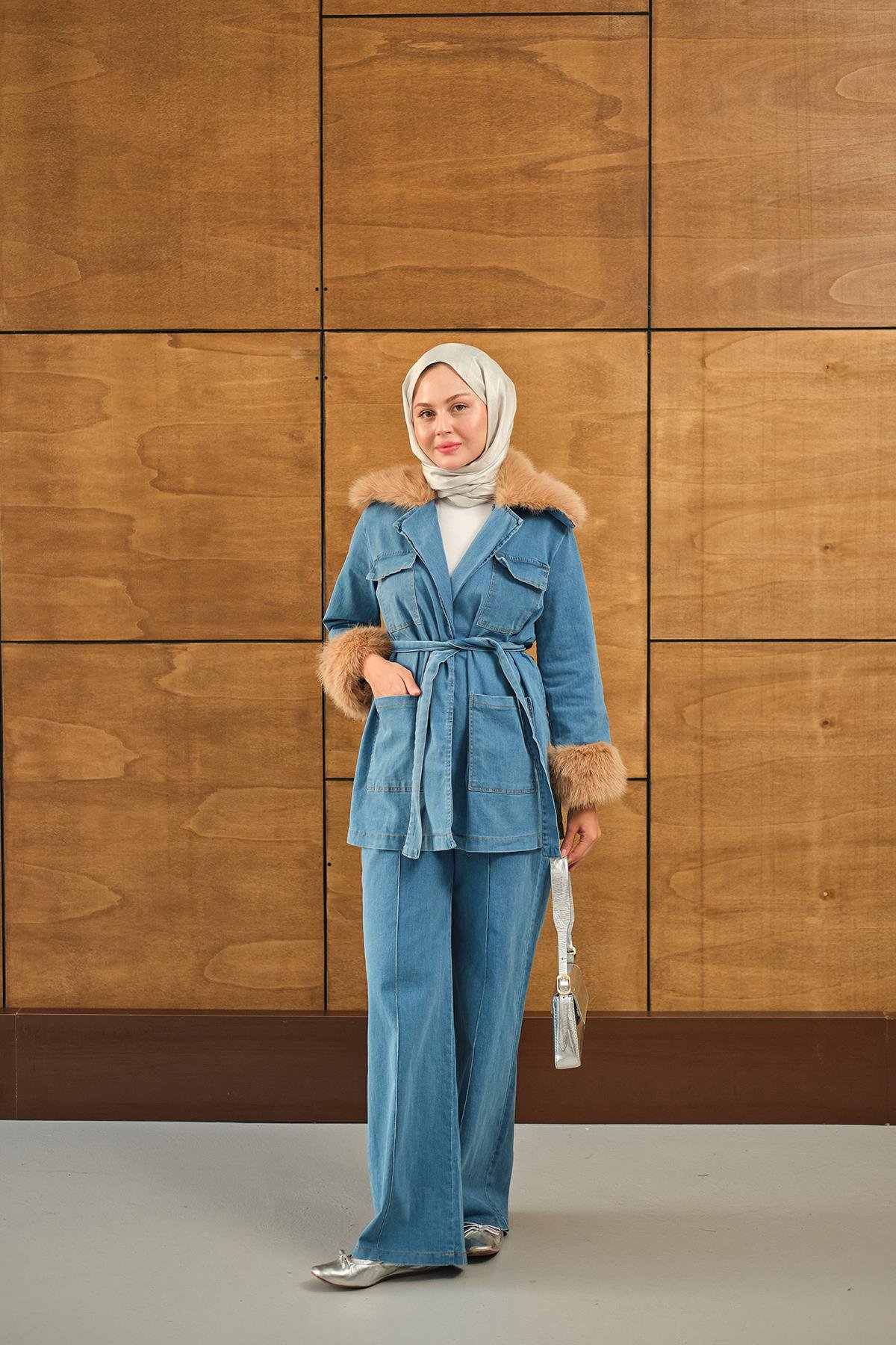 Kürk Detay Kot Takım Mavi
