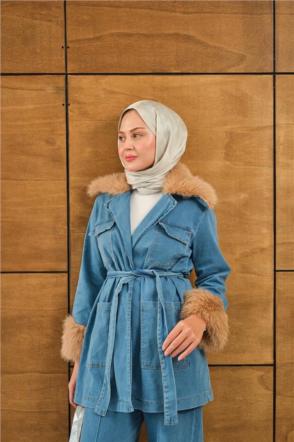 Kürk Detay Kot Takım Mavi