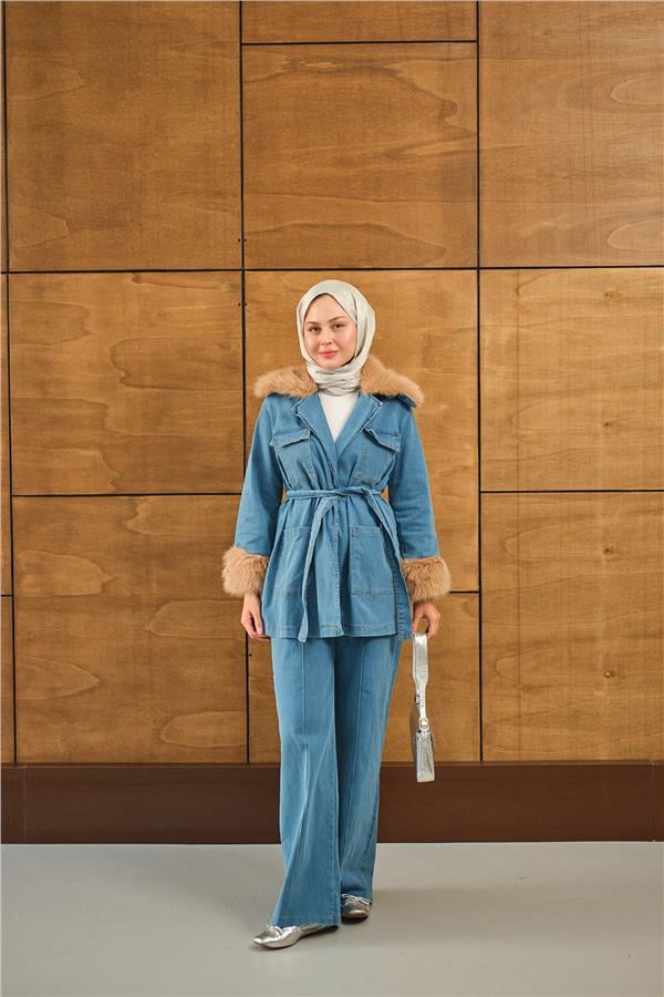 Kürk Detay Kot Takım Mavi