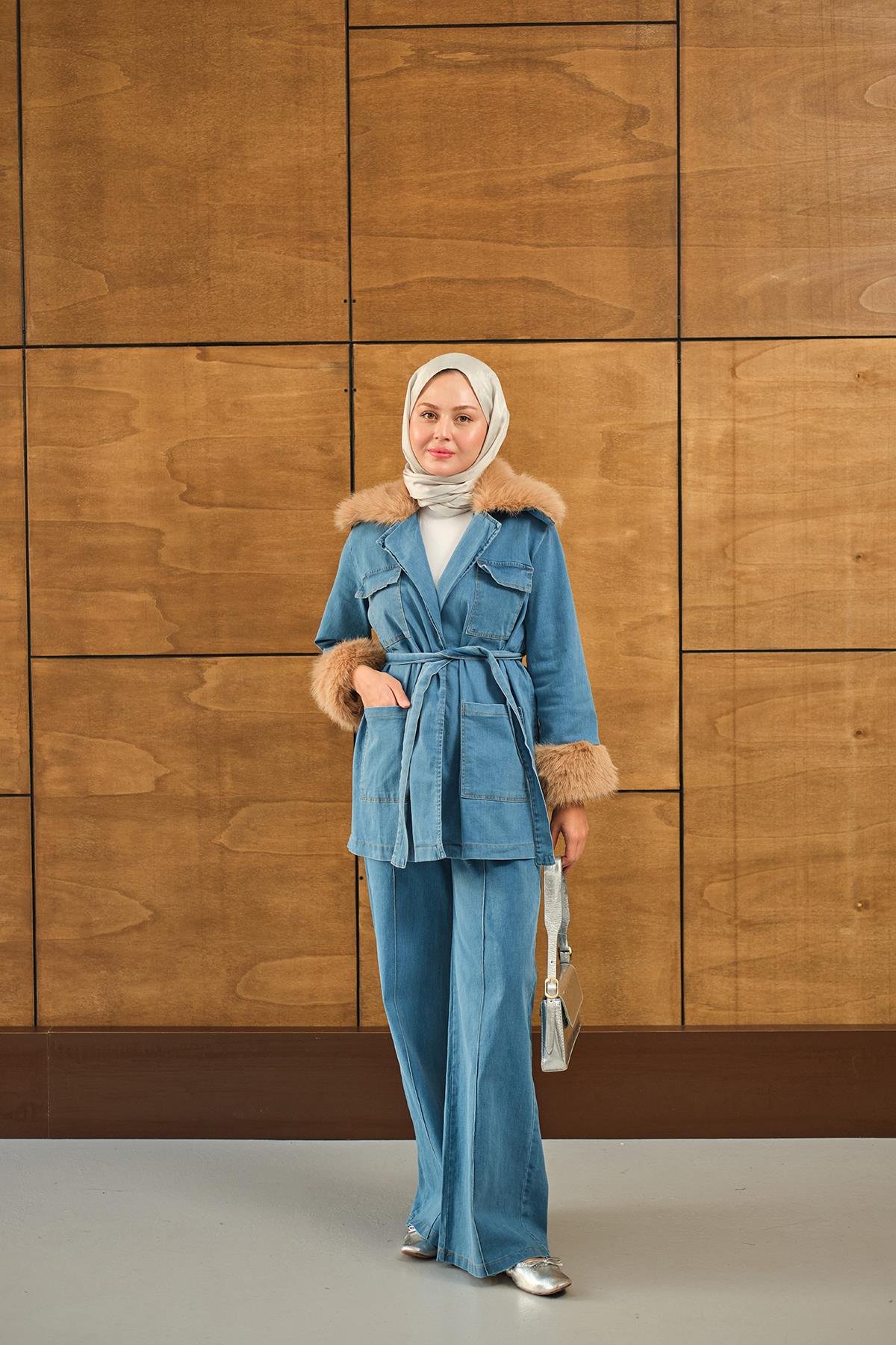Kürk Detay Kot Takım Mavi