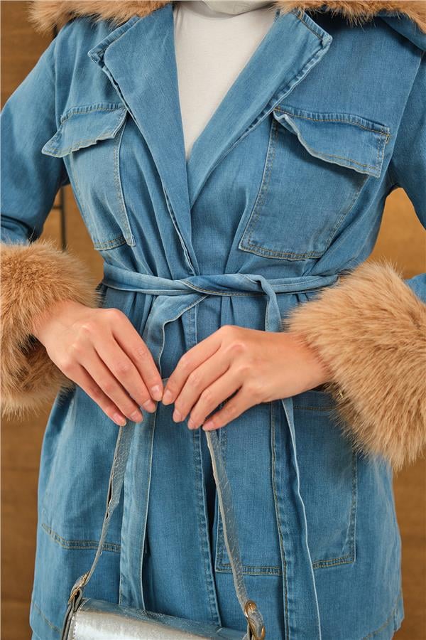 Kürk Detay Kot Takım Mavi