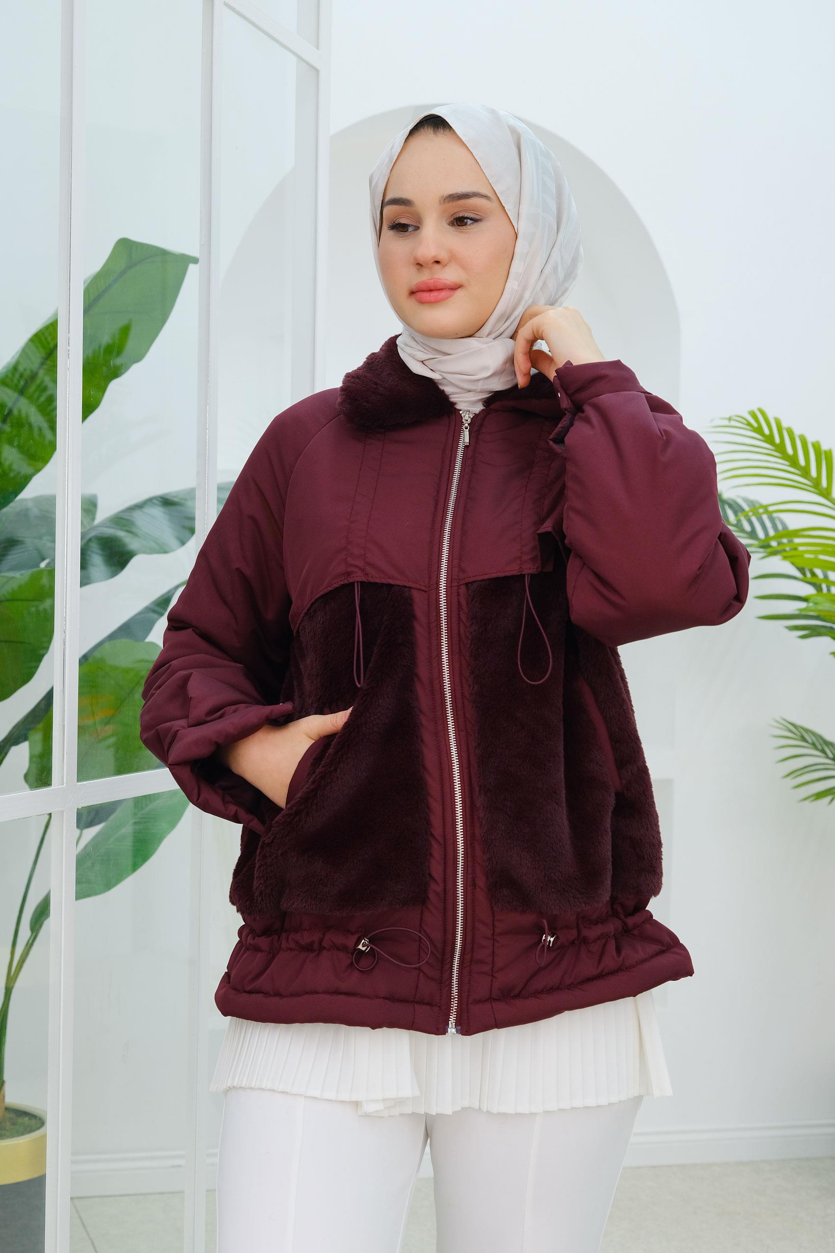 Kürk Detaylı Mont Bordo