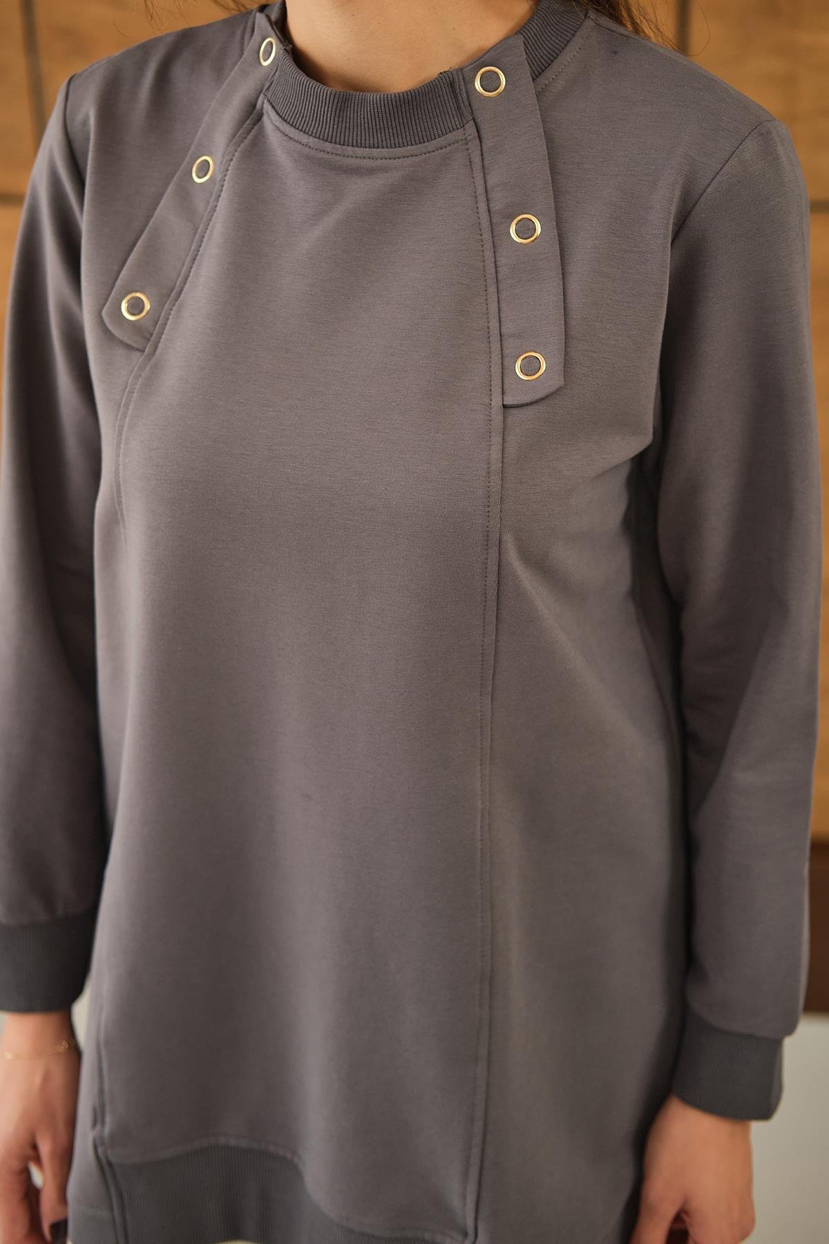 Kuş Gözü Detaylı Tunik Füme