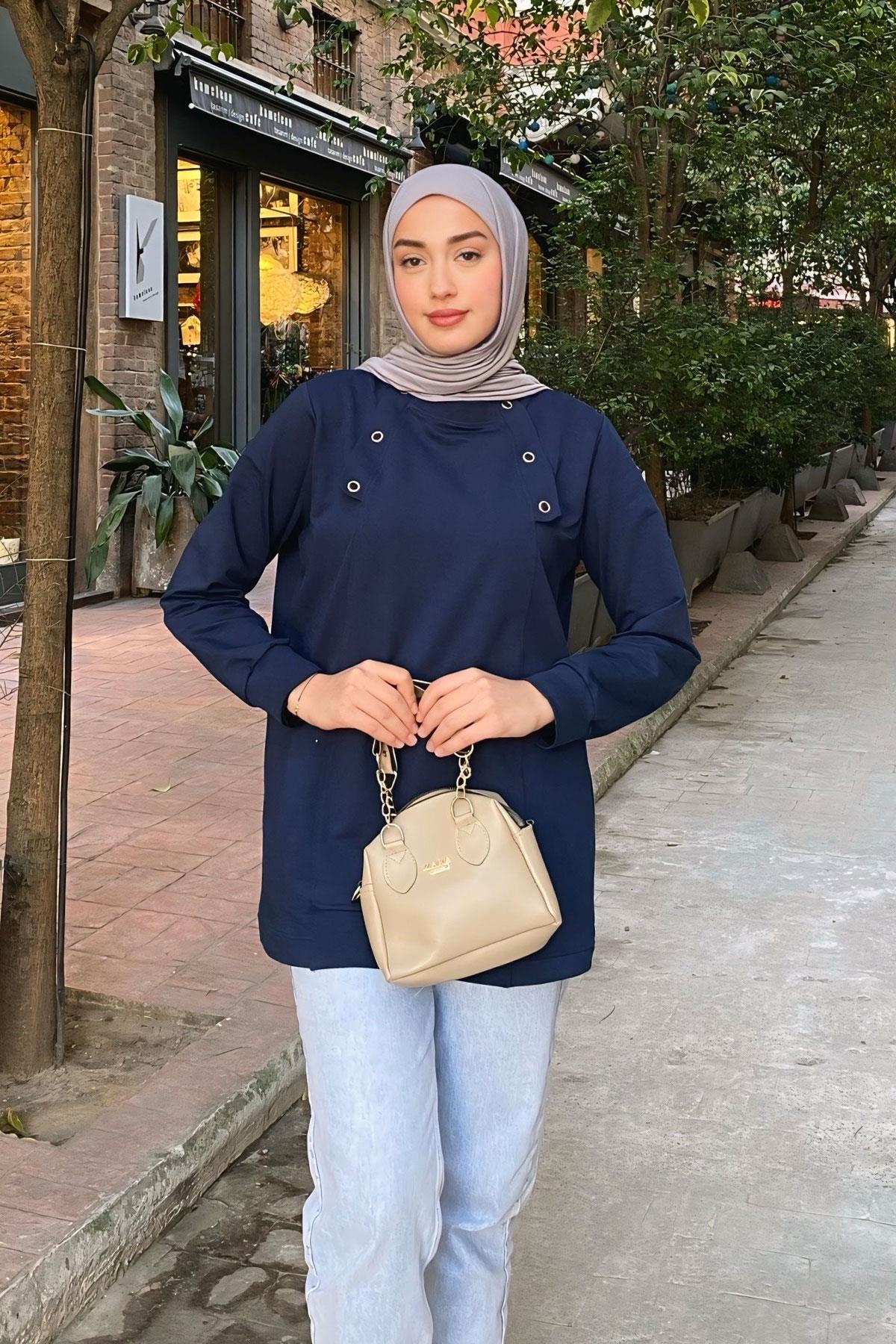 Kuş Gözü Detaylı Tunik Lacivert