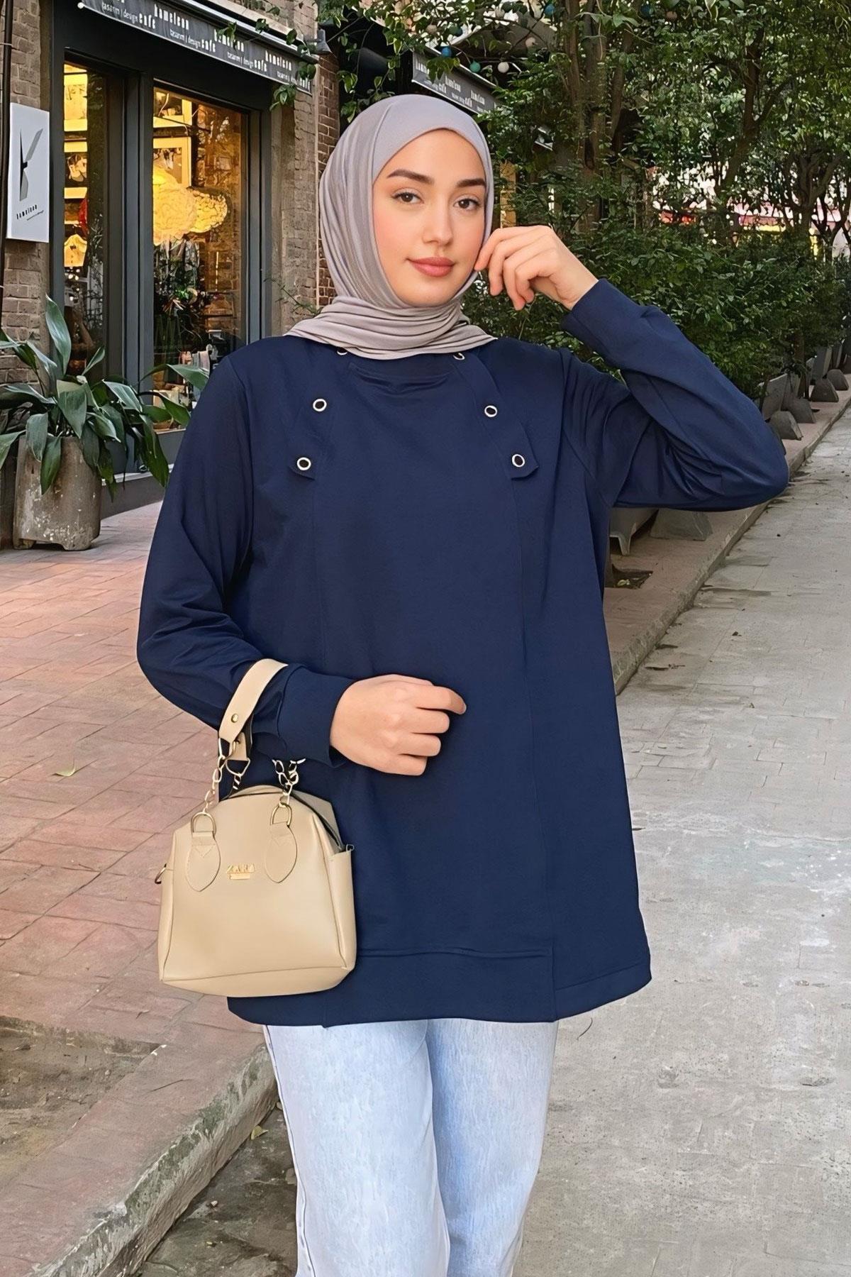 Kuş Gözü Detaylı Tunik Lacivert