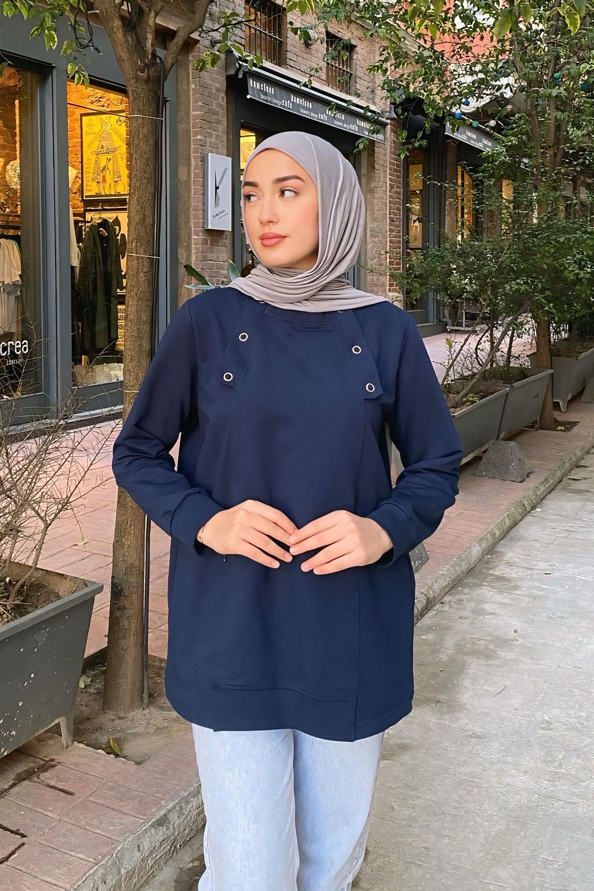 Kuş Gözü Detaylı Tunik Lacivert