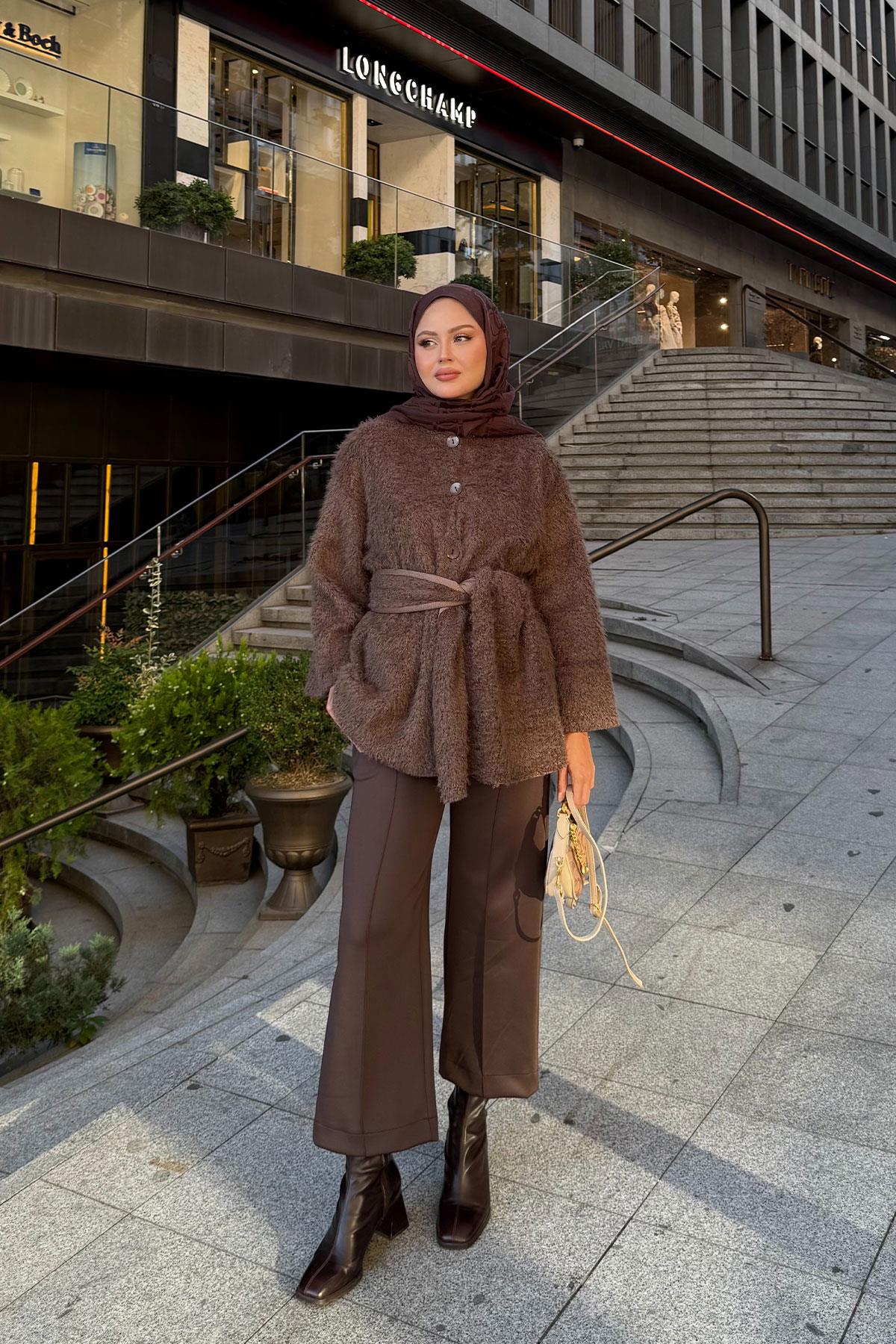 Kuşak Detaylı Hırka Kahverengi