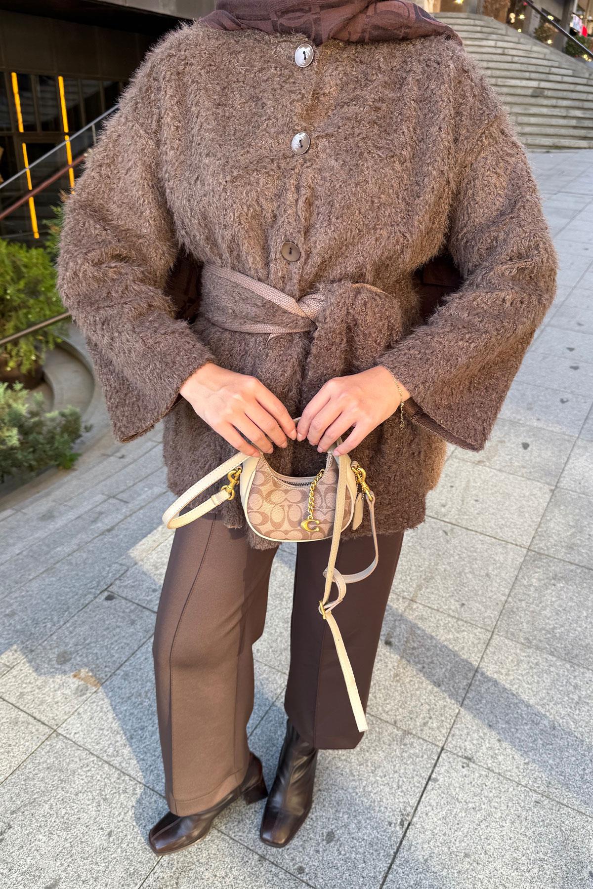 Kuşak Detaylı Hırka Kahverengi