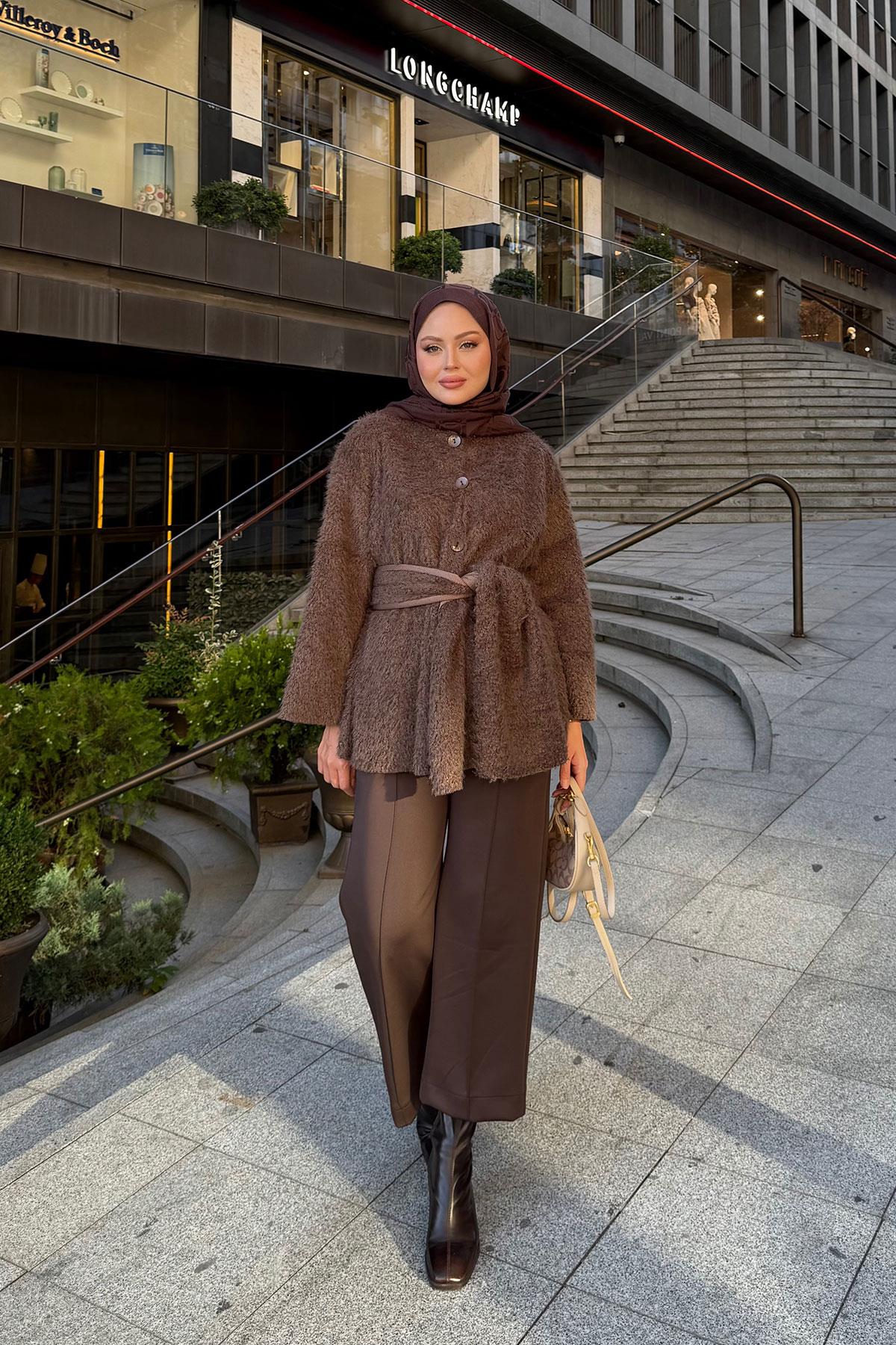 Kuşak Detaylı Hırka Kahverengi