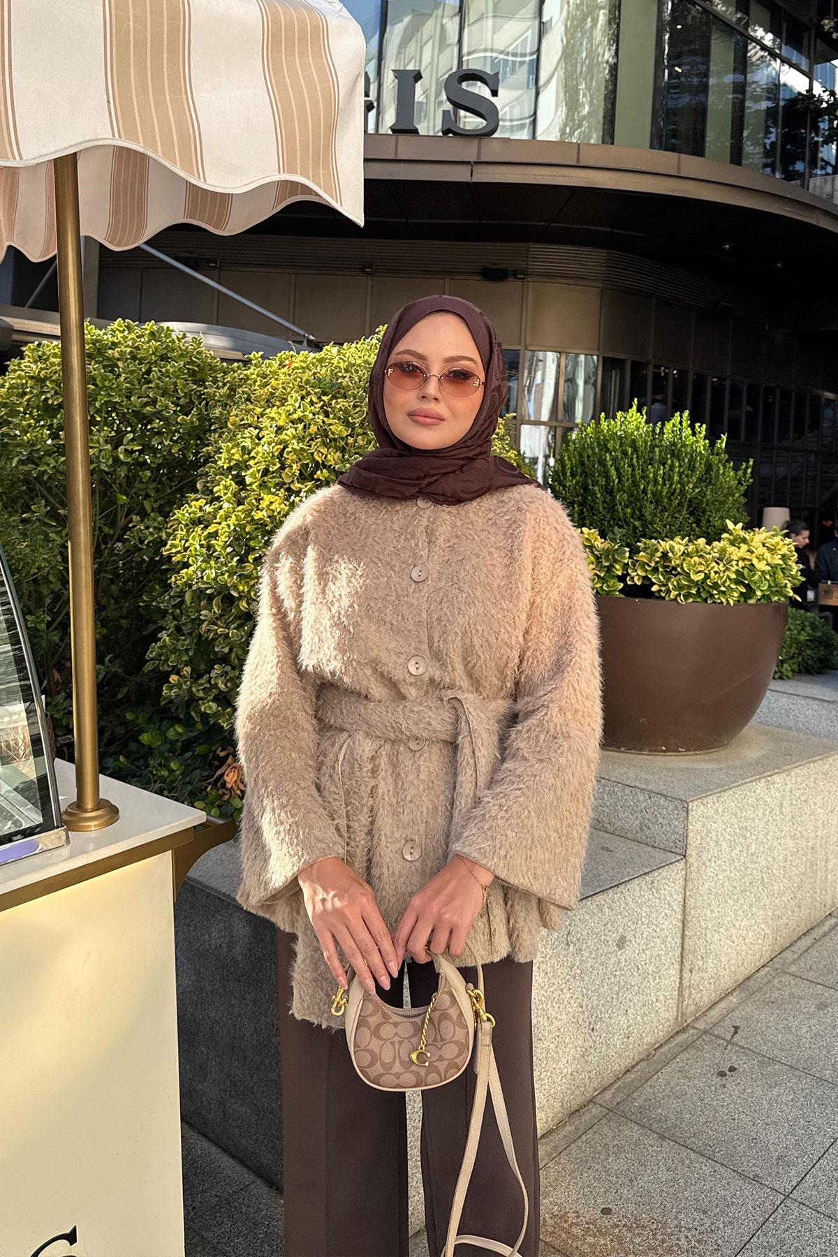 Kuşak Detaylı Hırka Vizon