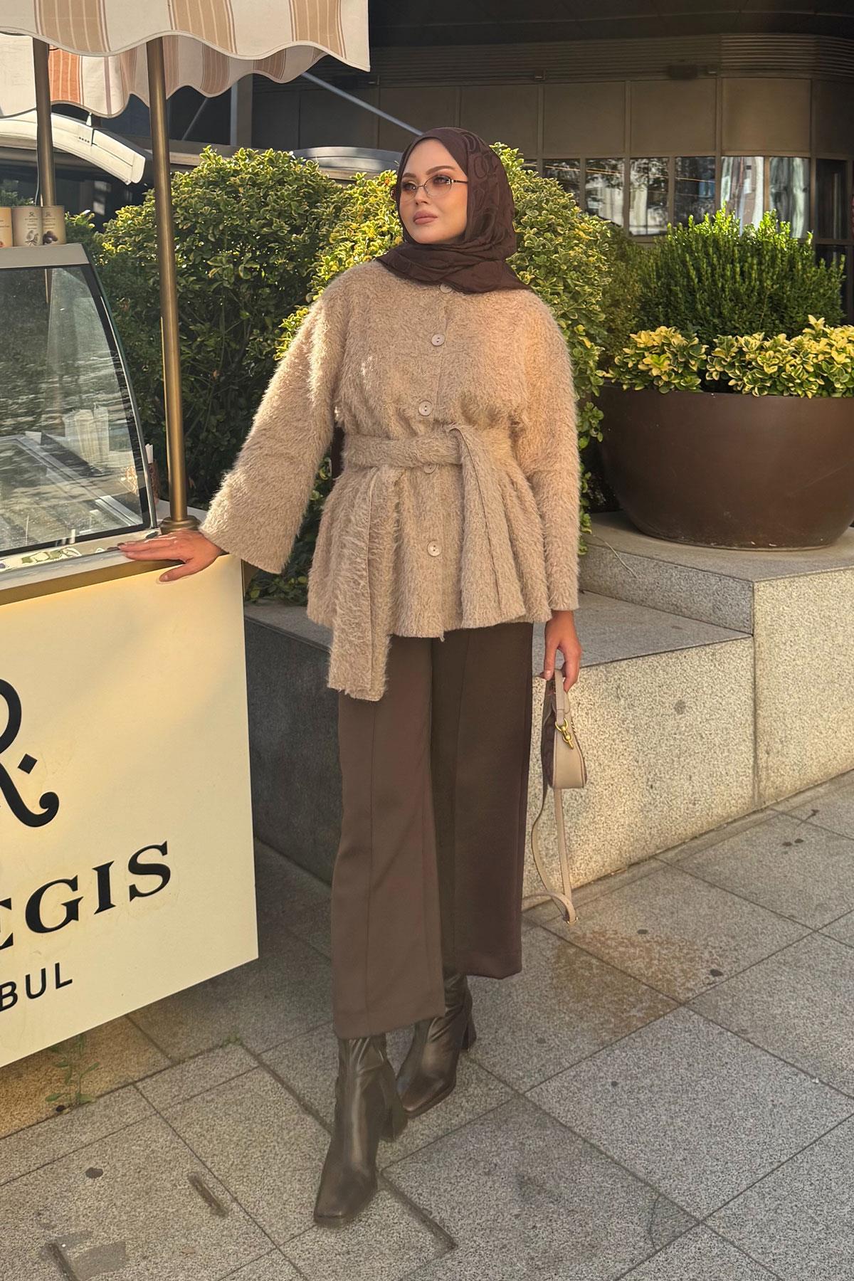 Kuşak Detaylı Hırka Vizon