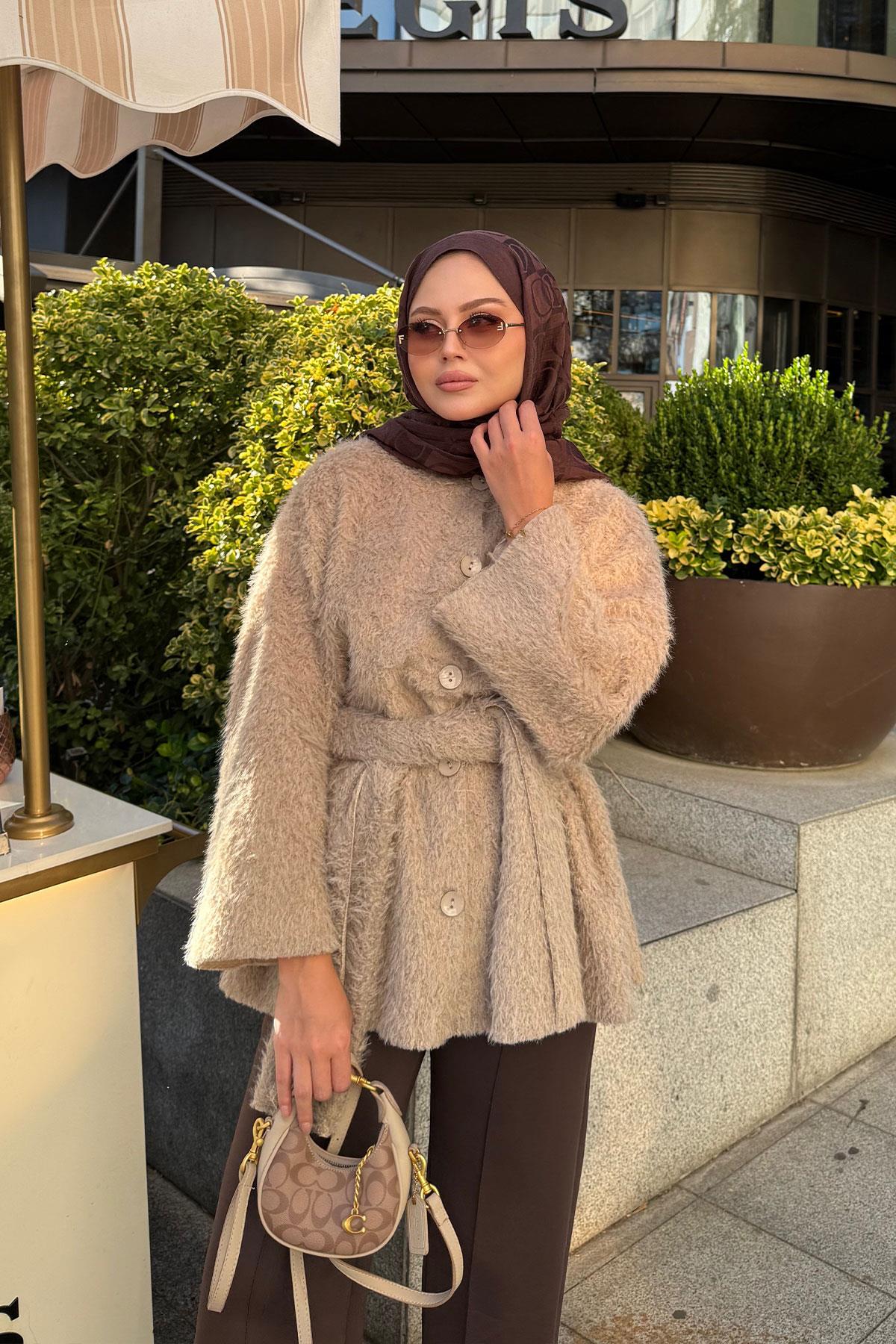 Kuşak Detaylı Hırka Vizon