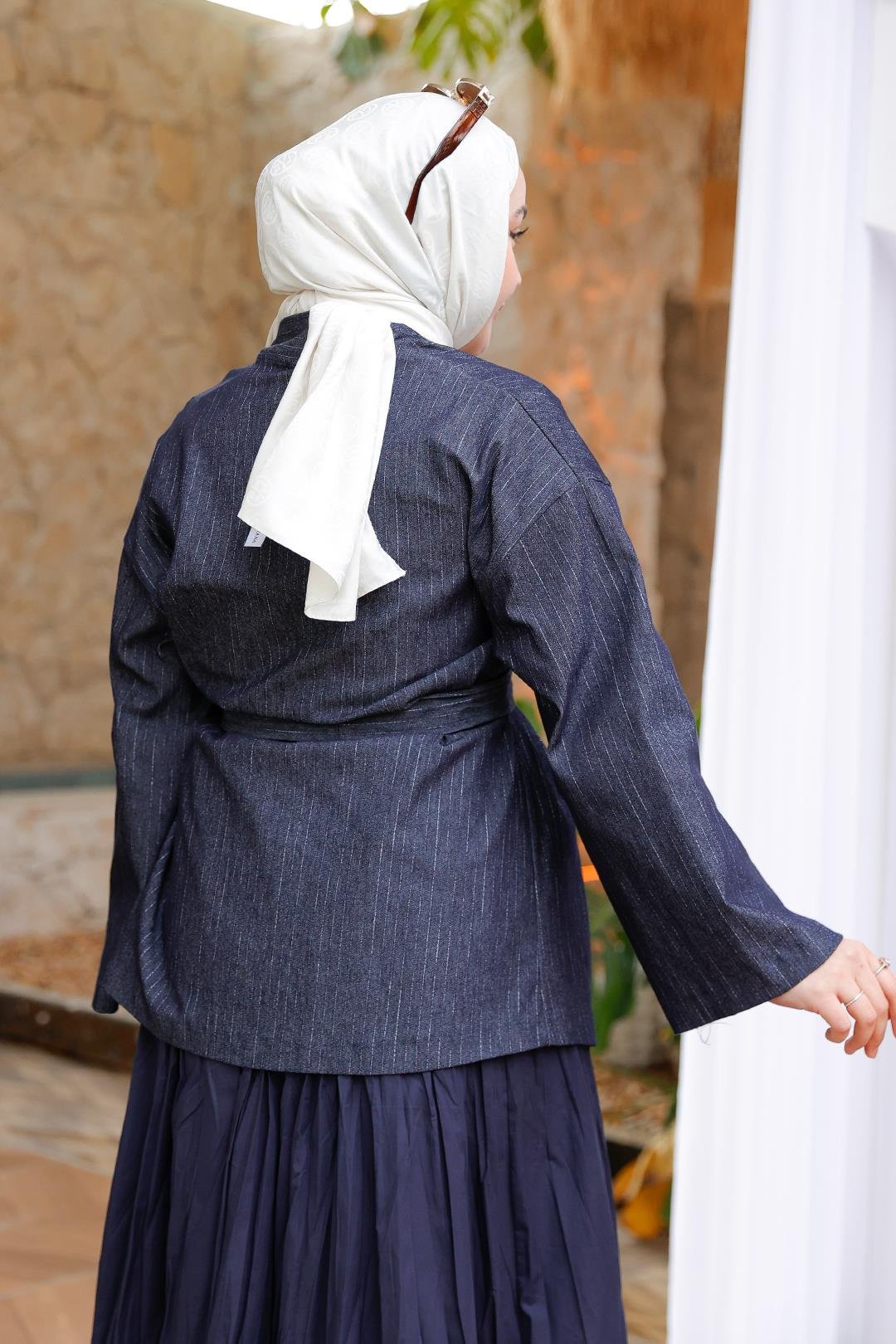 Kuşaklı Kimono Kot Ceket Mavi