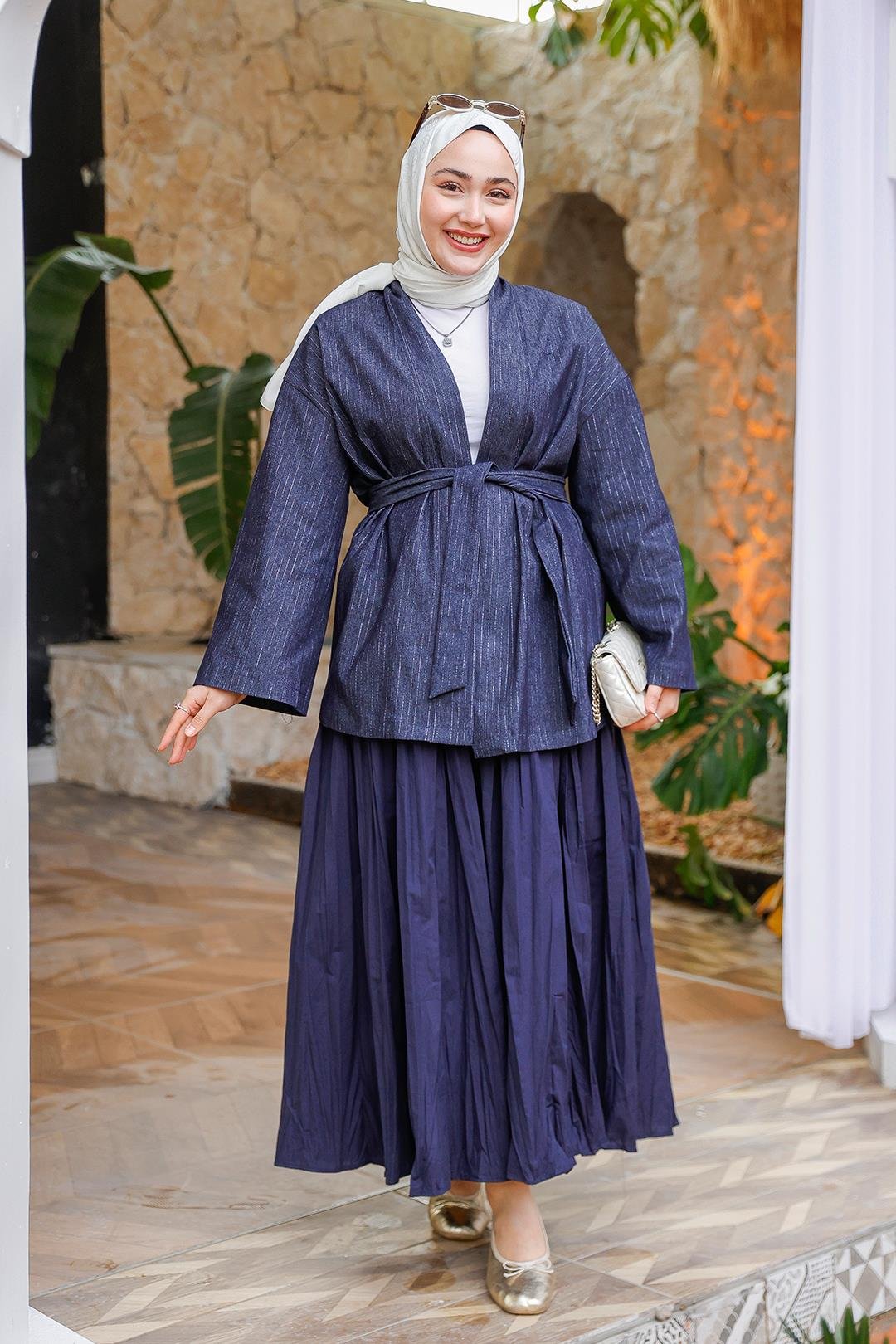 Kuşaklı Kimono Kot Ceket Mavi