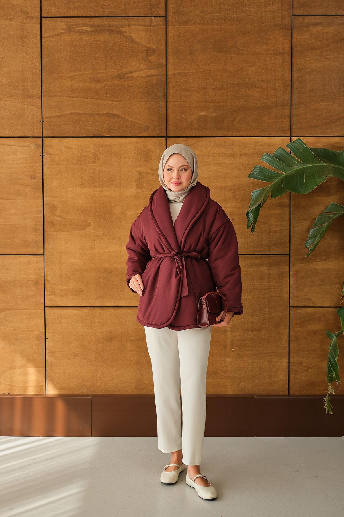 Kuşaklı Şişme Mont Bordo