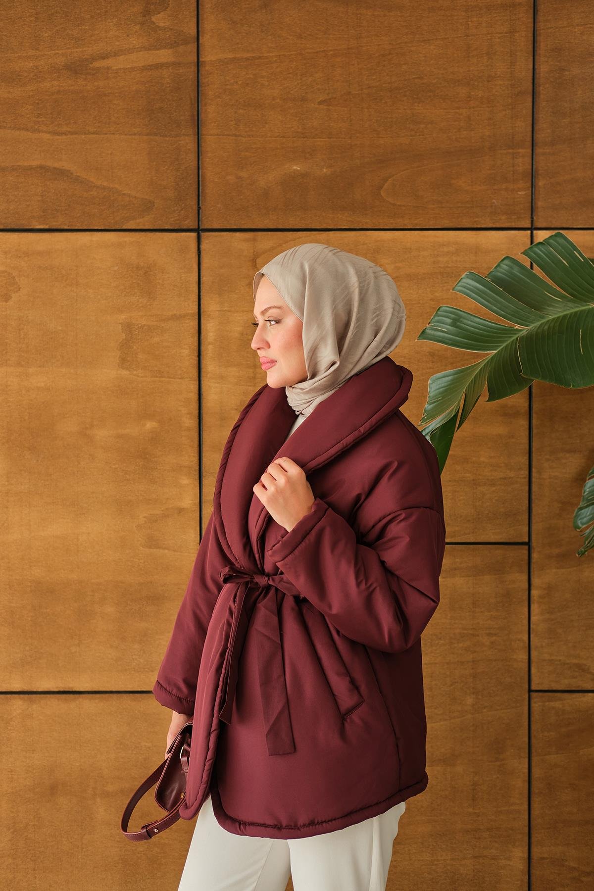 Kuşaklı Şişme Mont Bordo