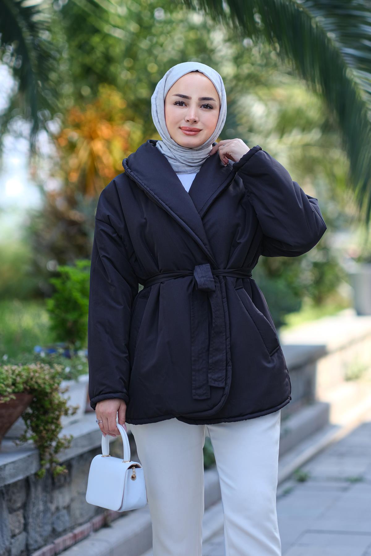 Kuşaklı Şişme Mont Siyah