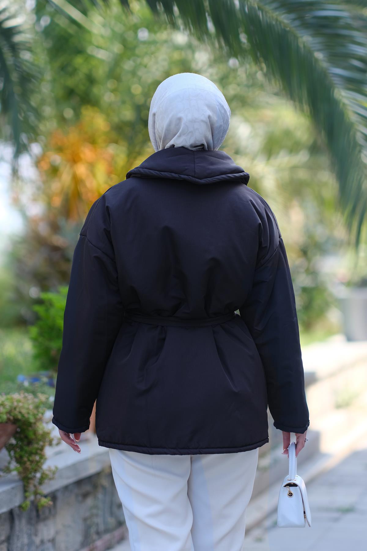 Kuşaklı Şişme Mont Siyah