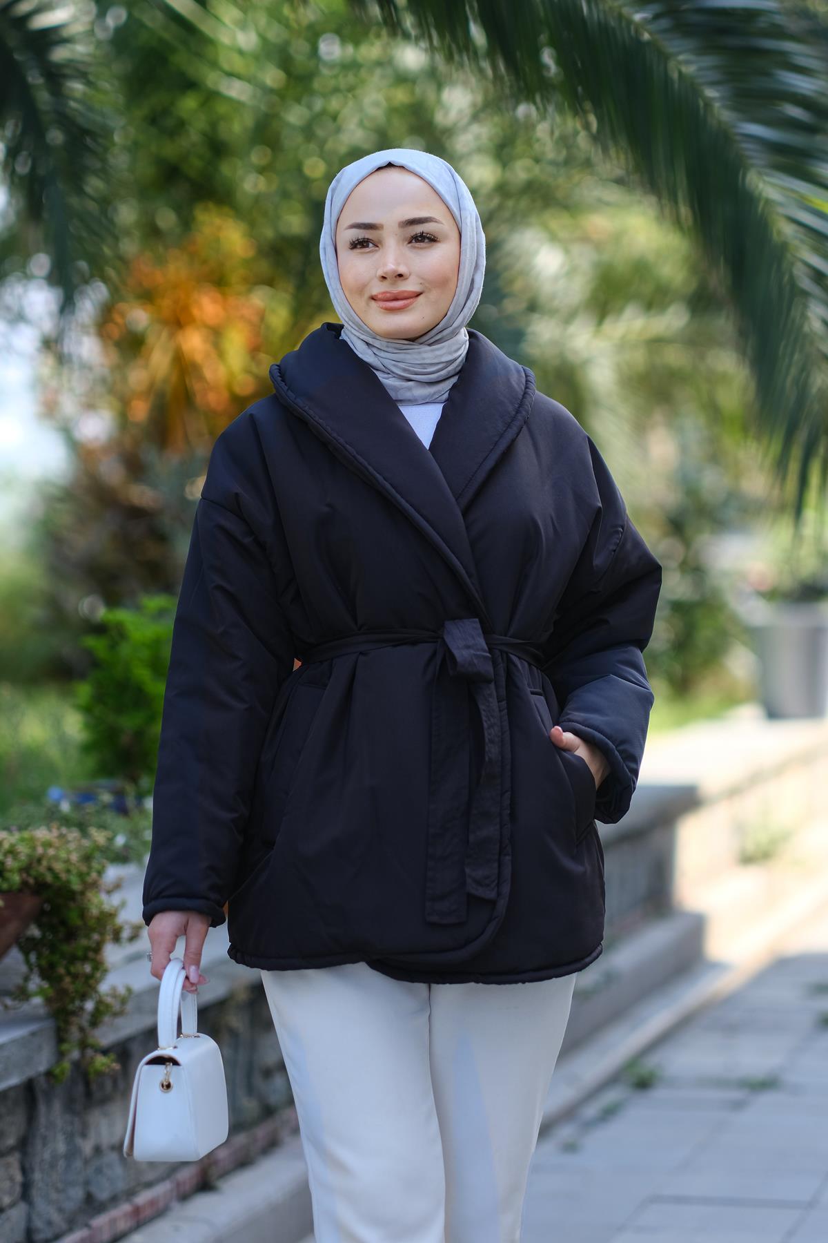 Kuşaklı Şişme Mont Siyah