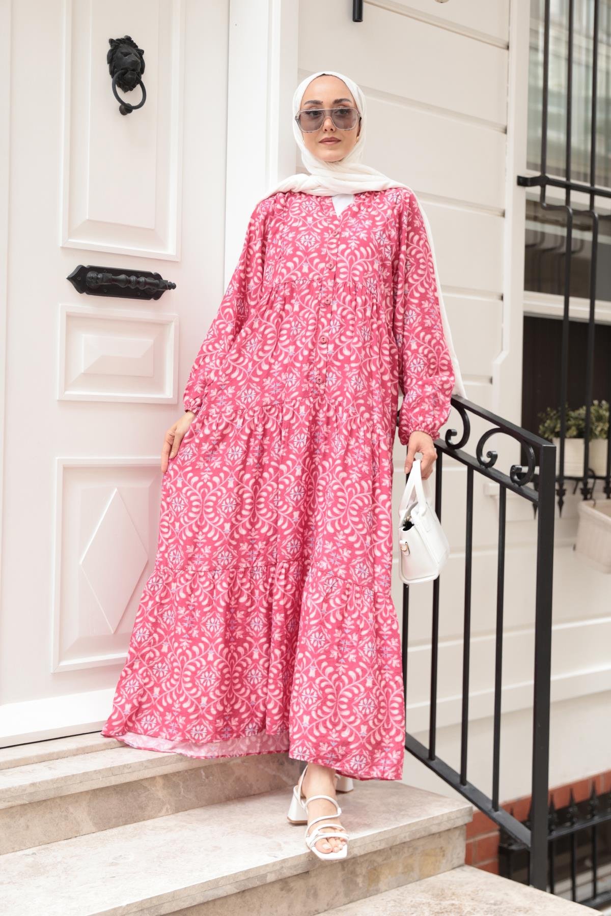 Lale Desenli Elbise Fuşya