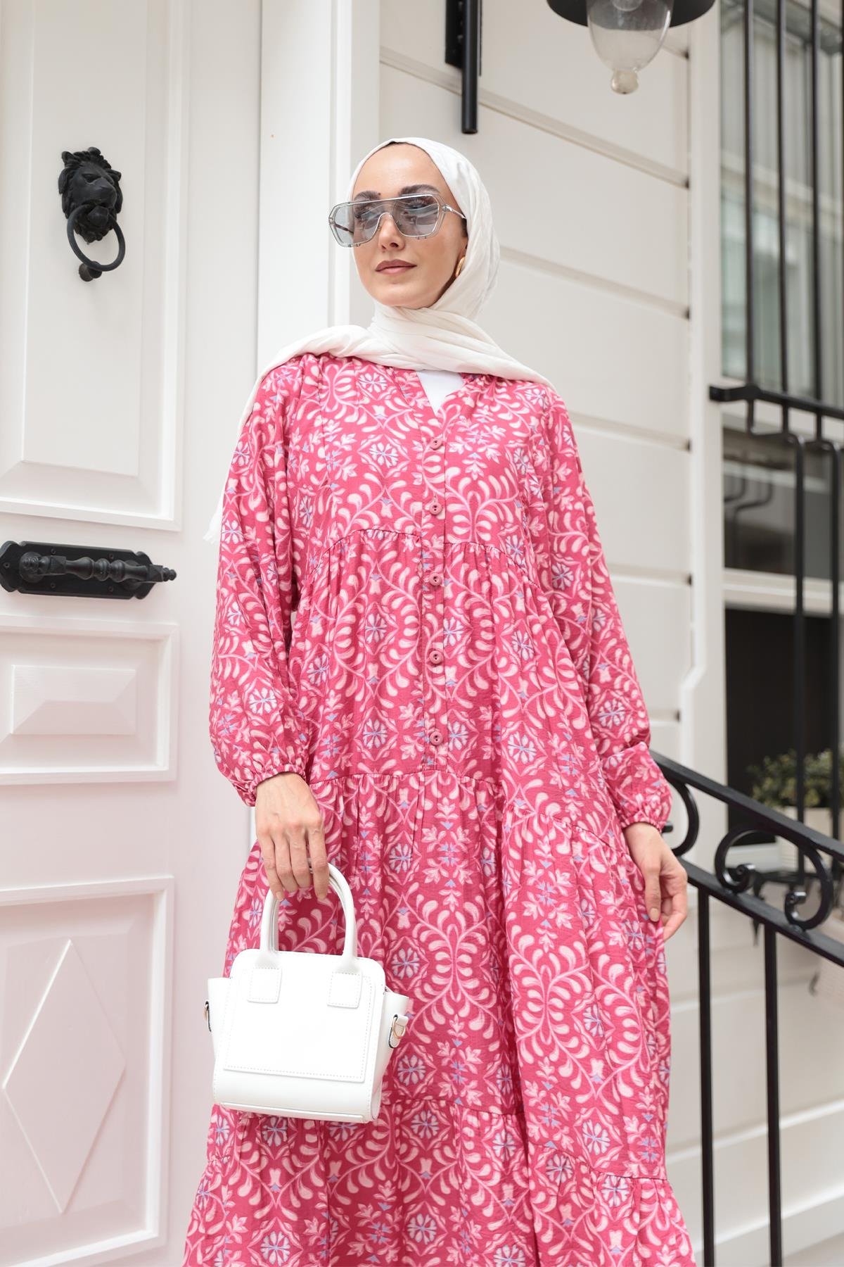 Lale Desenli Elbise Fuşya