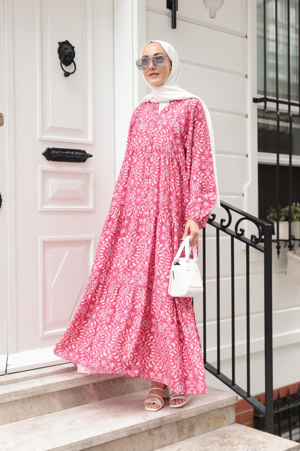 Lale Desenli Elbise Fuşya