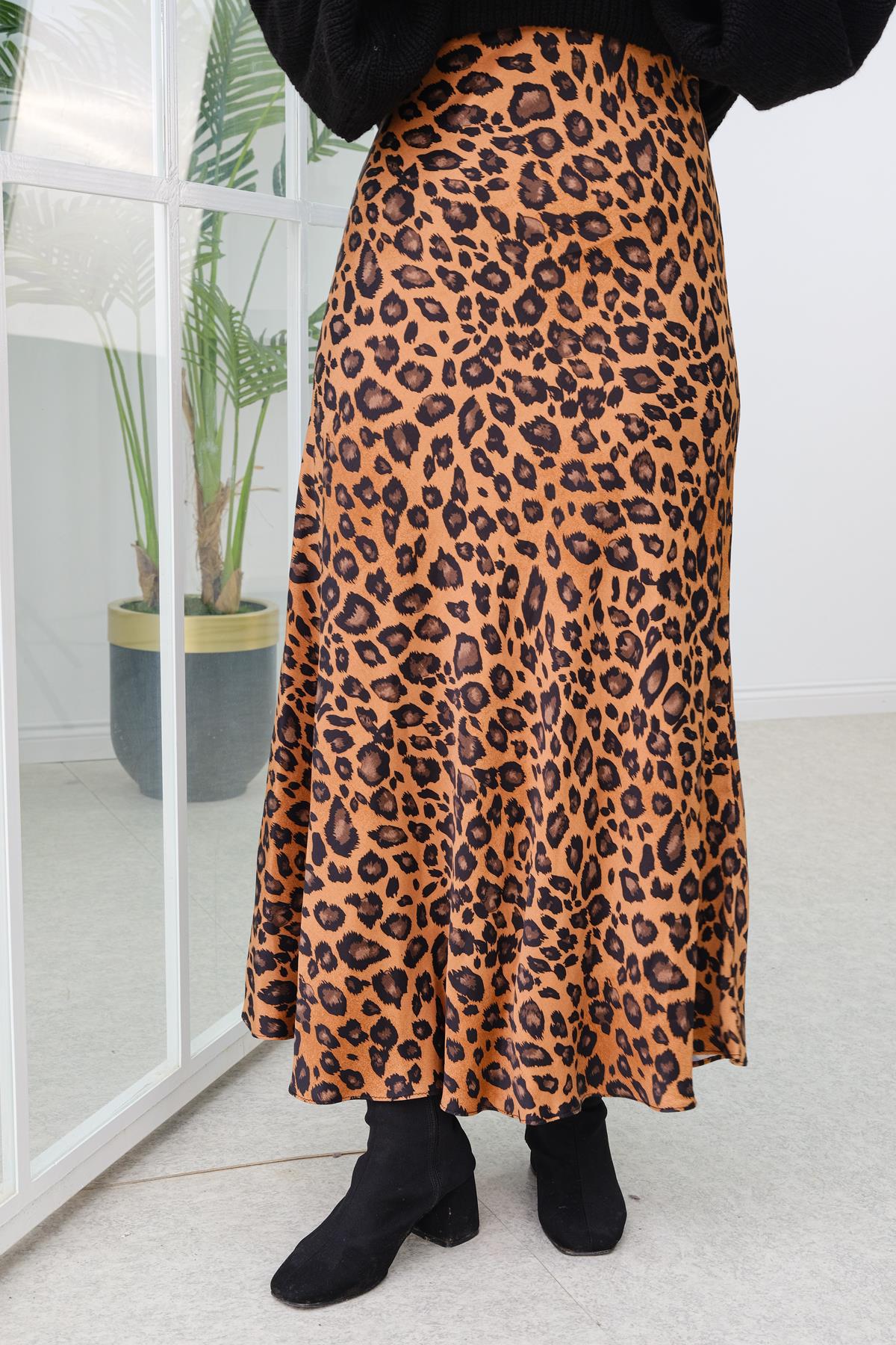 Leopar Desen Saten Etek Kahverengi